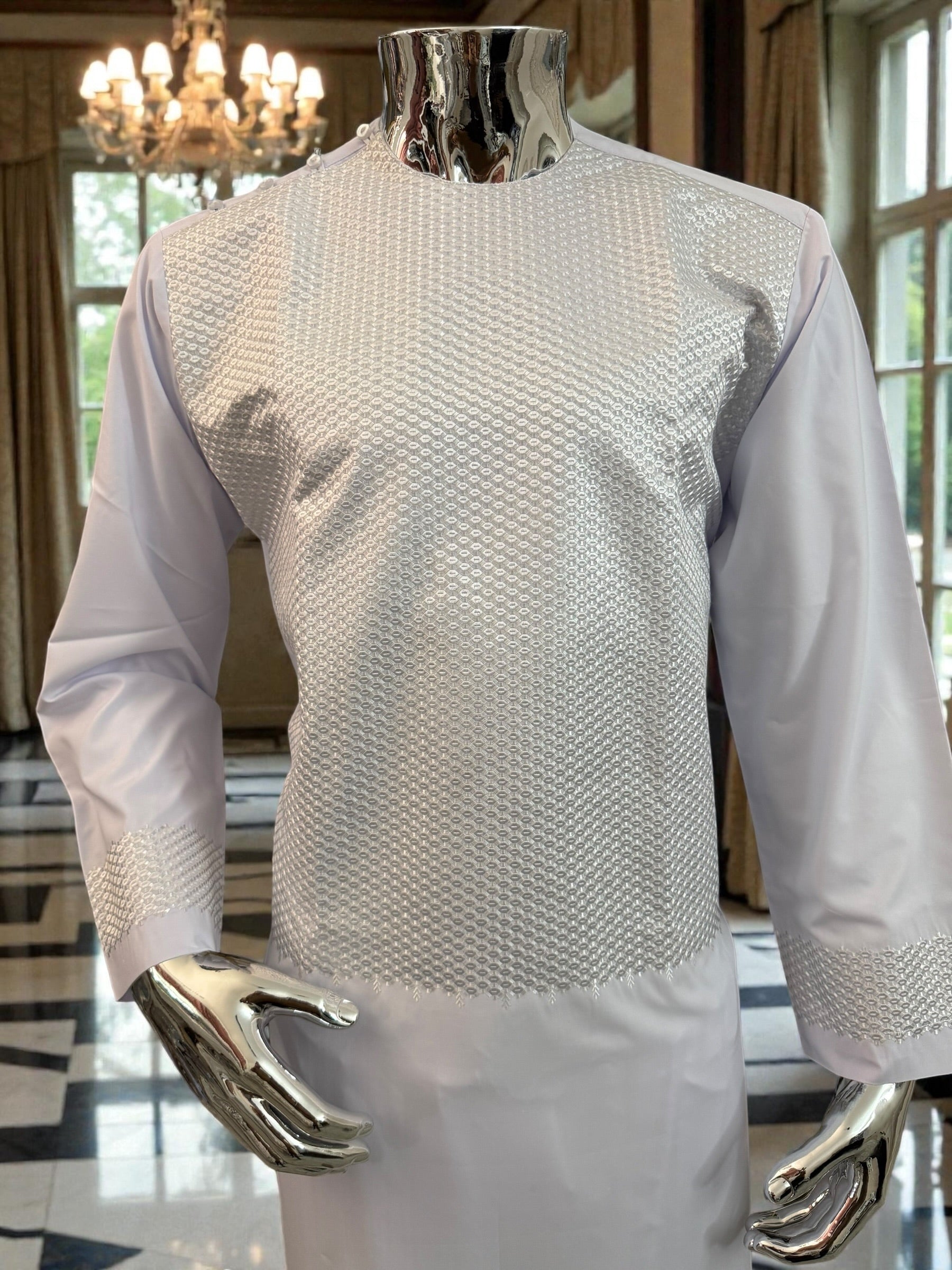 Small White Embroidered Parahan Tumban | Cotton-Blend Afghan Men’s Traditional Outfit | Luqmaan Boutique