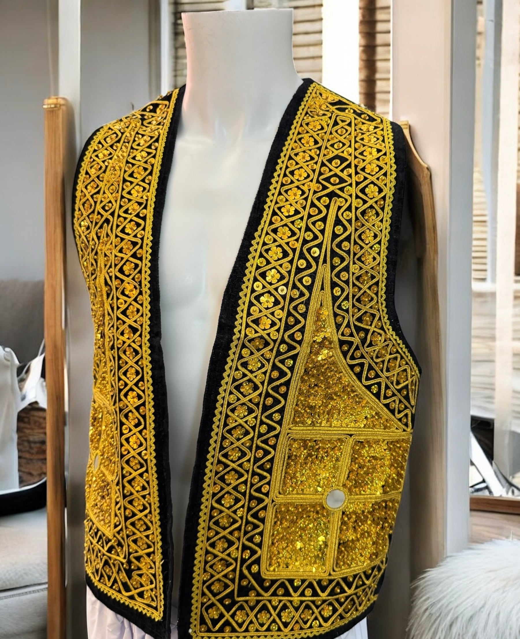 Men’s Afghan Gold Embroidered Vest – Black, Small