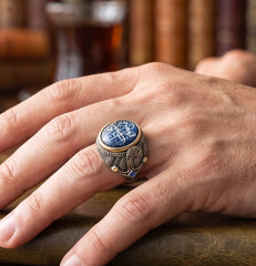 Men’s Blue Arabic Calligraphy Statement Ring – Antique Silver Tone Alloy Islamic Inspired Fashion Ring with Jewelry Box 7018