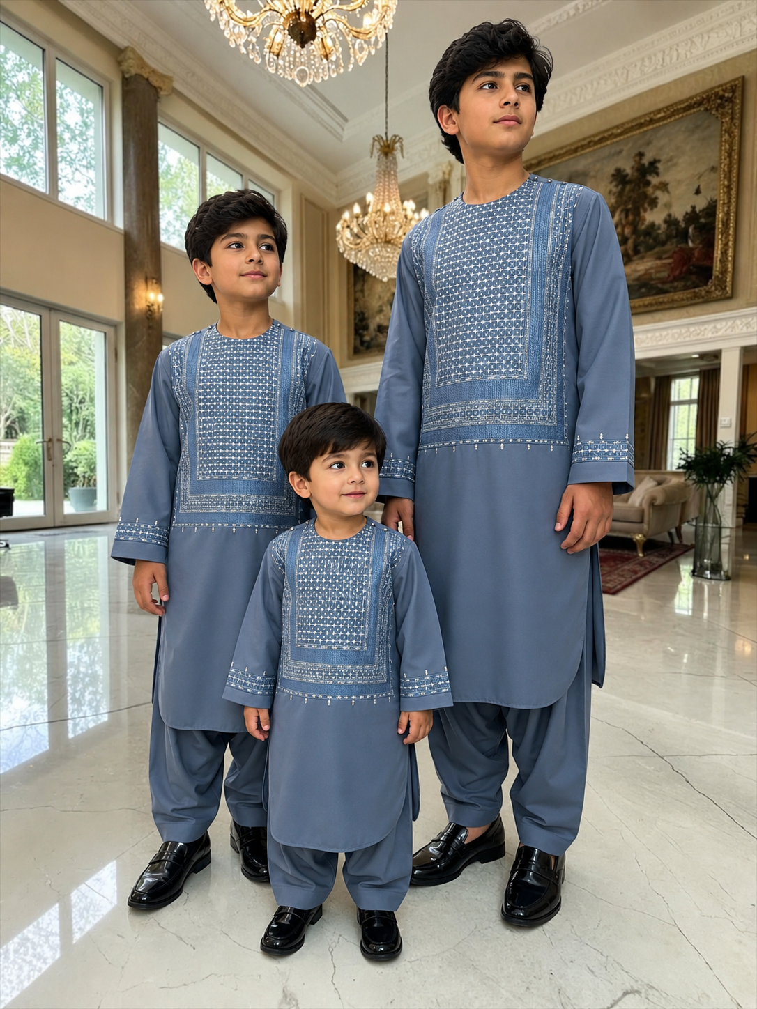 Sky Blue Embroidered Boys Parahan Tunban Set (Age 1–12 Years) – Traditional Afghan Kids Shalwar Kameez Luqmaan Boutique Design #23