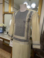 Men’s Beige Kameez with Black and Matching Machine Embroidery – Afghan Traditional Wear | Luqmaan Boutique (Medium)