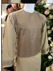 Afghan Parahan Tunban for Men Machine Embroidered Beige Gold Traditional Wear Medium