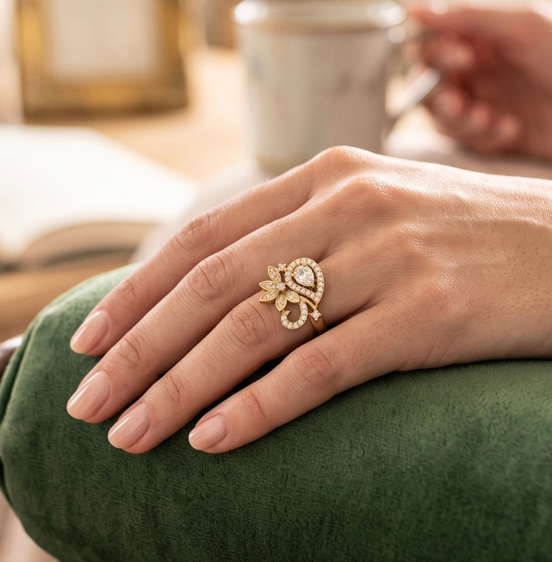Floral Teardrop Statement Ring – Adjustable Gold-Tone Ring in Pink, Clear & Purple