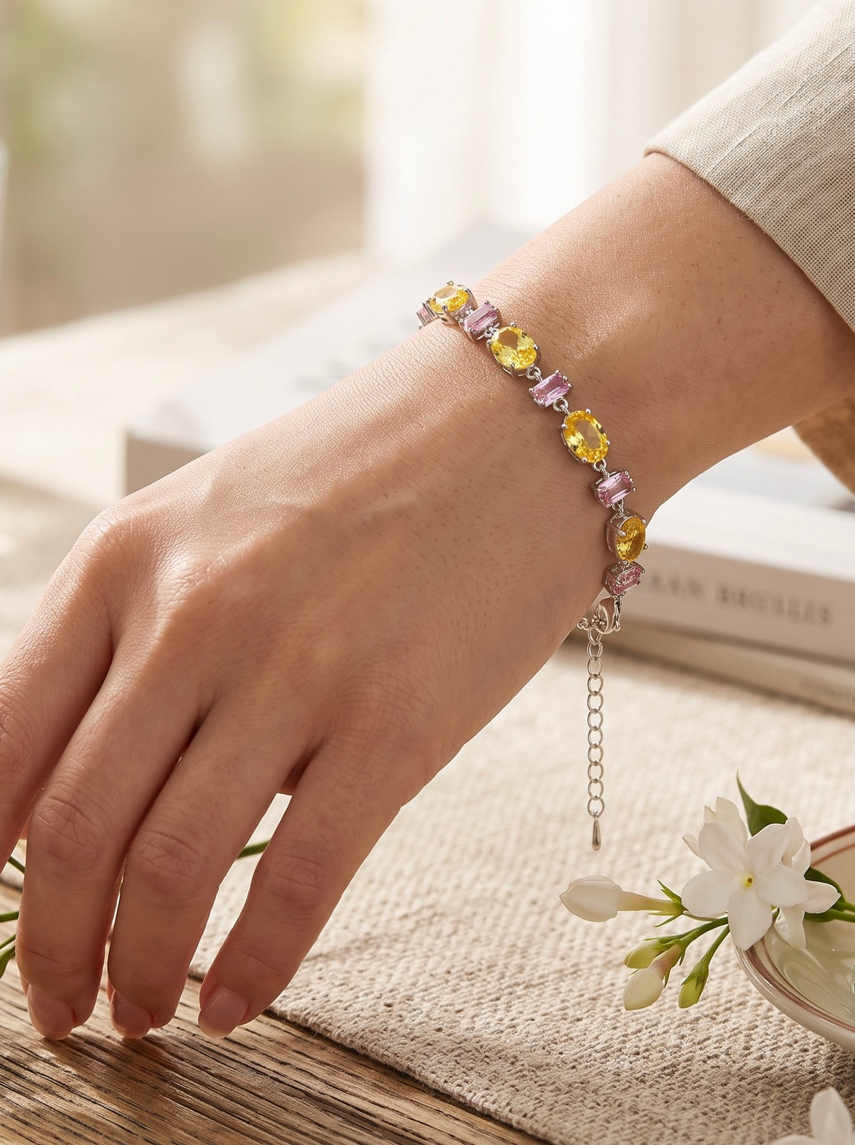 Yellow & Pink Crystal Tennis Bracelet – Silver Tone Oval & Emerald Cut Stone Bracelet for Women 7066