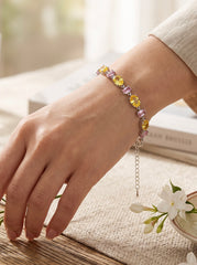 Yellow & Pink Crystal Tennis Bracelet – Silver Tone Oval & Emerald Cut Stone Bracelet for Women 7066