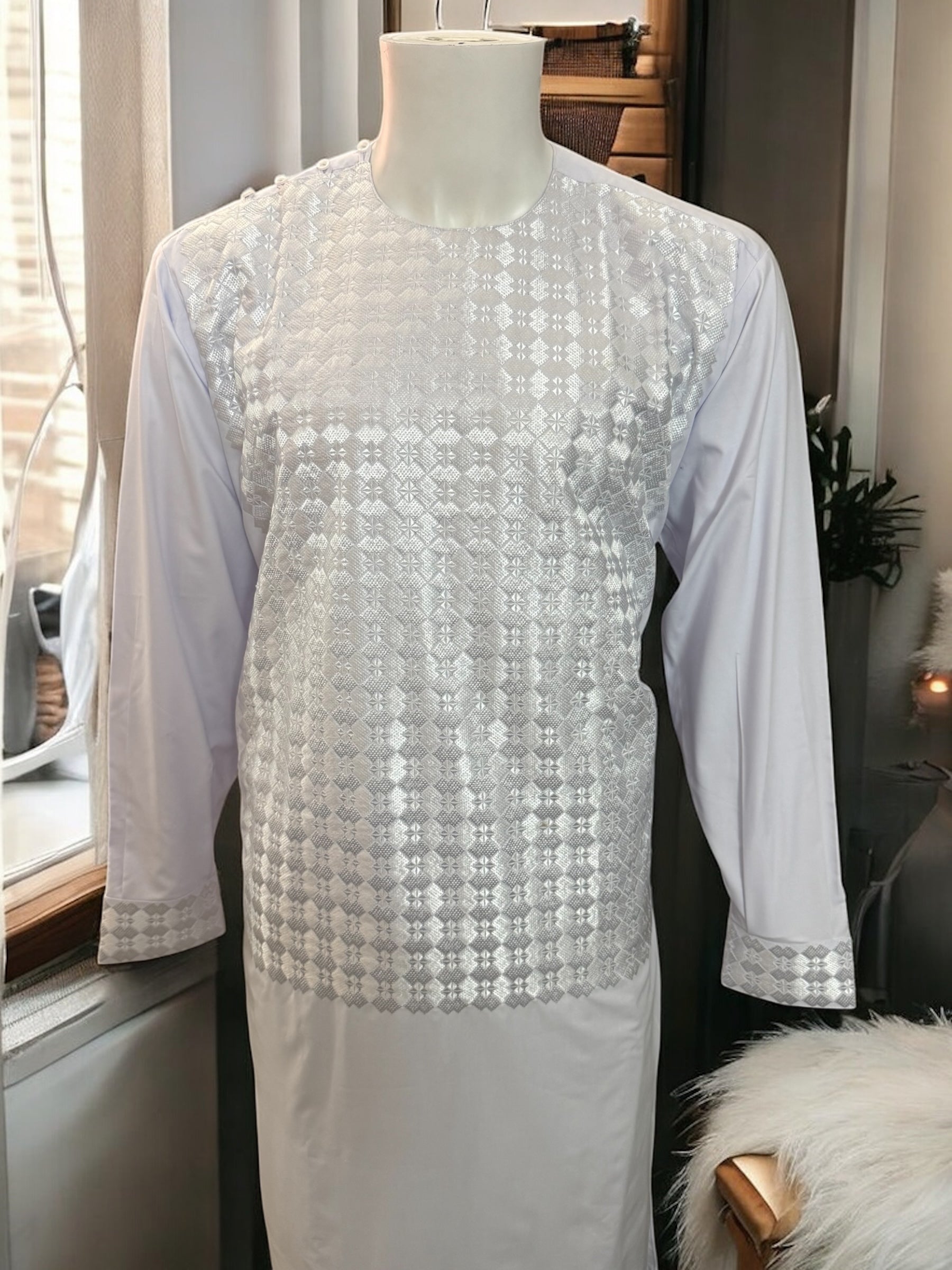 Afghan Parahan Tunban for Men Machine Embroidered White Traditional Wear Large