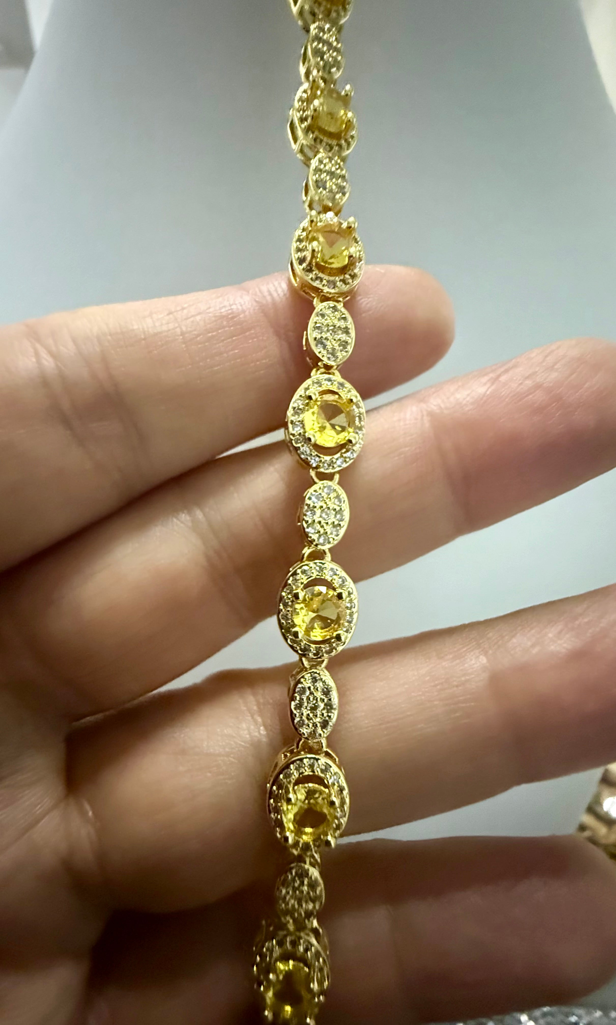 Golden Yellow Oval Crystal Halo Tennis Bracelet for Women – Gold Tone with Jewelry Gift Box 7071
