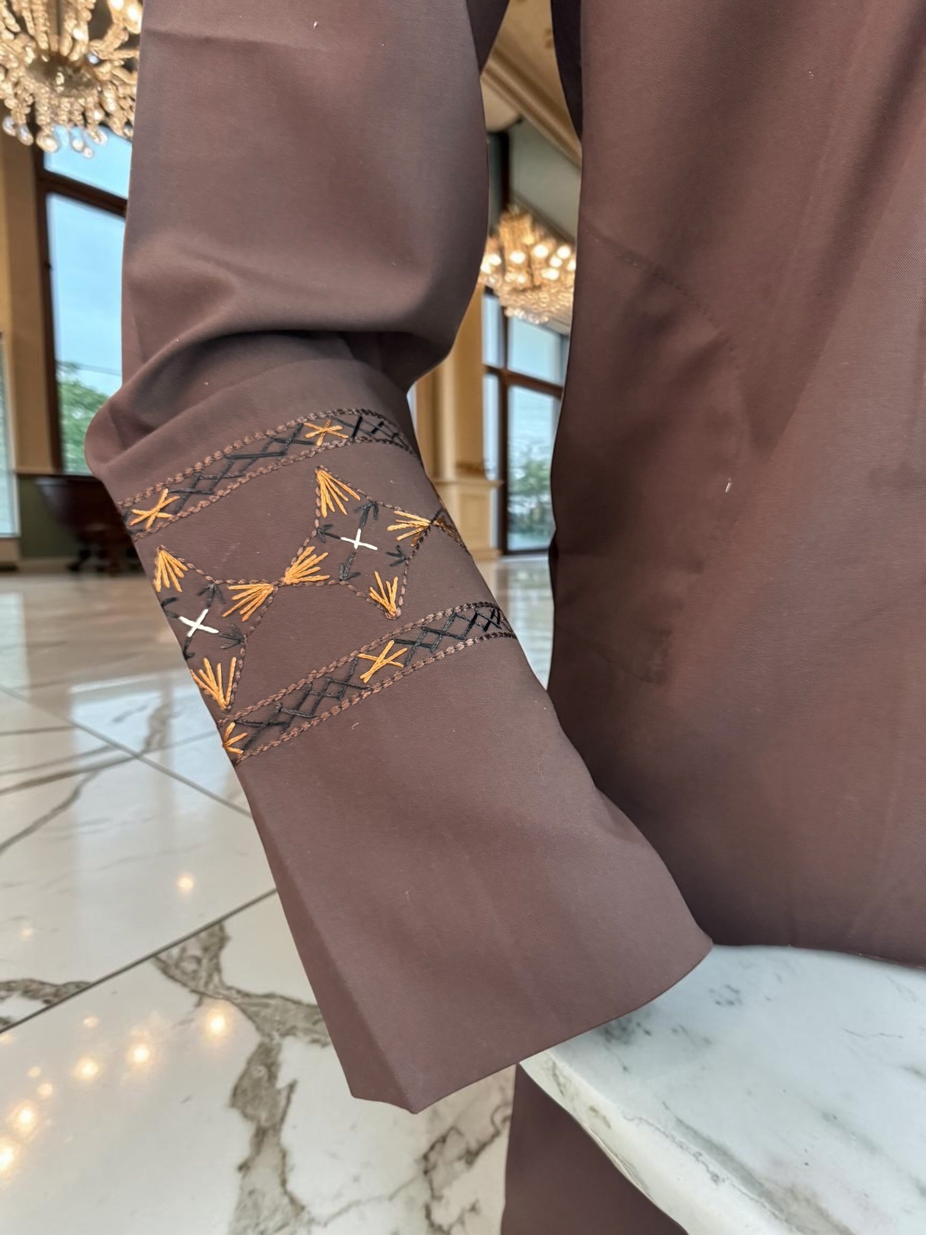 Men’s Chocolate Brown Embroidered Afghan Parahan Tunban 3-Piece Set with Shawl | Small–X-Large