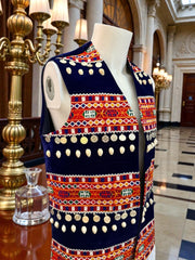 Men’s Navy-Blue Afghan Vest with Multicolor Hand Embroidery, Shells & Silver Coins | Traditional Kuchi Waistcoat | Size Medium