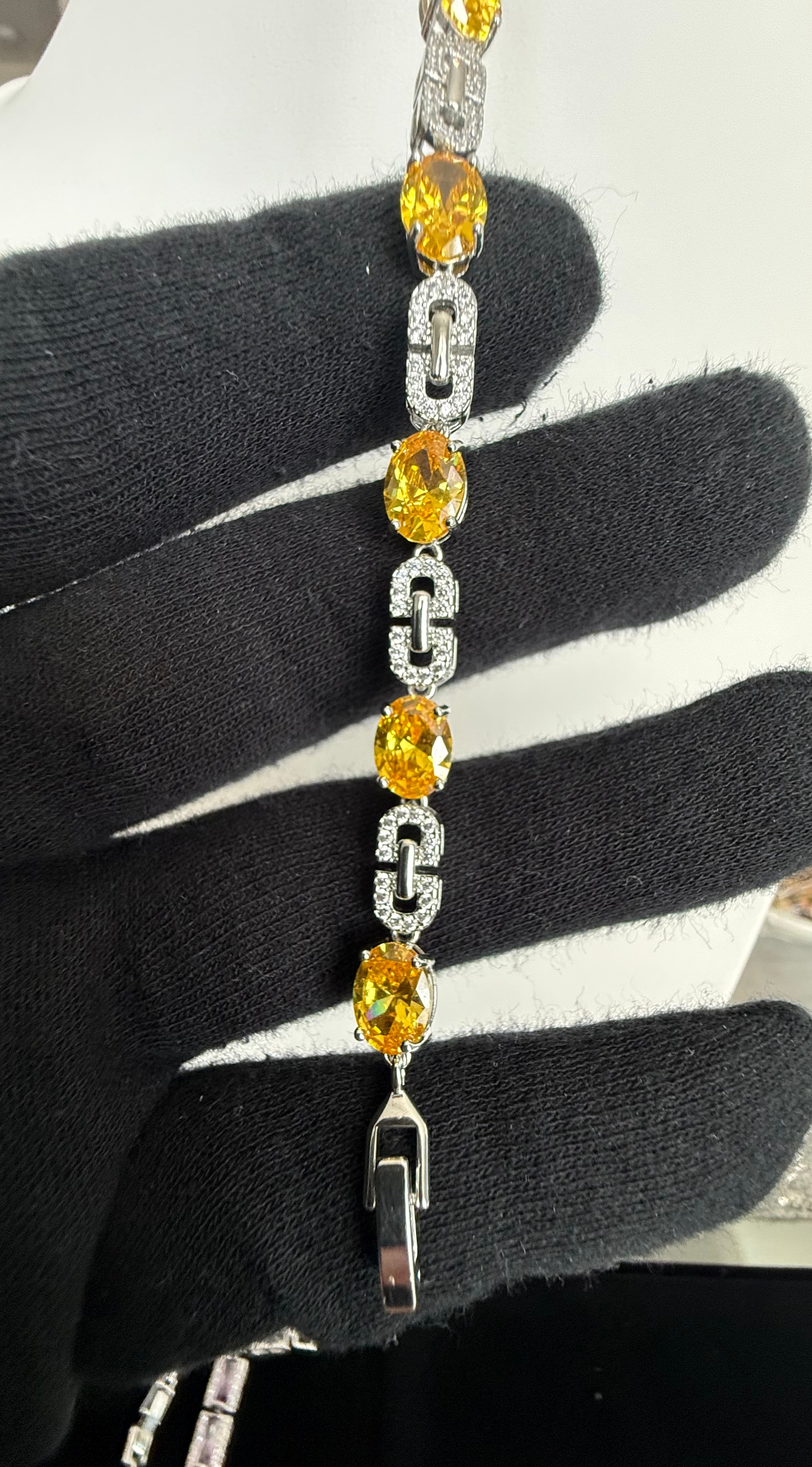Yellow Oval Crystal Link Bracelet – Silver Tone Sparkling Statement Bracelet for Women 7088