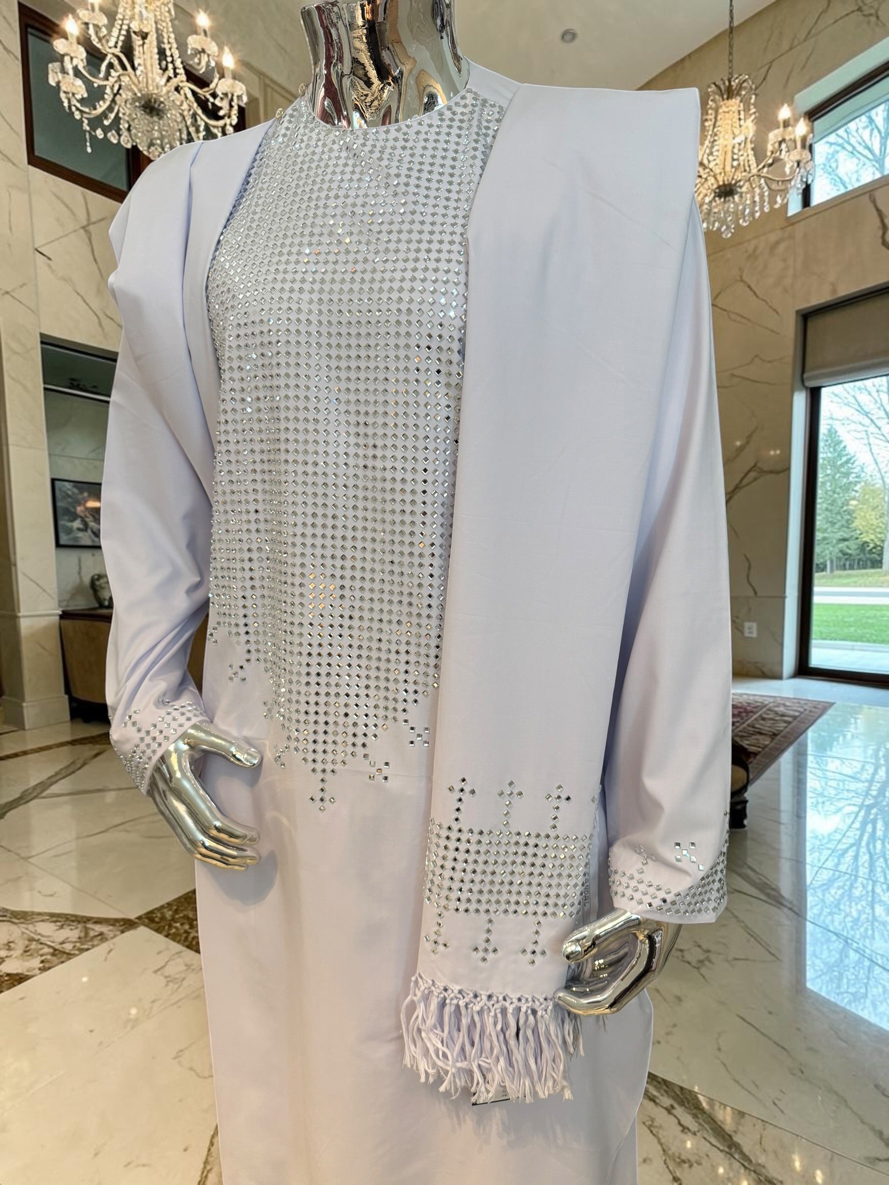 White Chadder Shawl with Shesha Mirror work and Fringe at the end