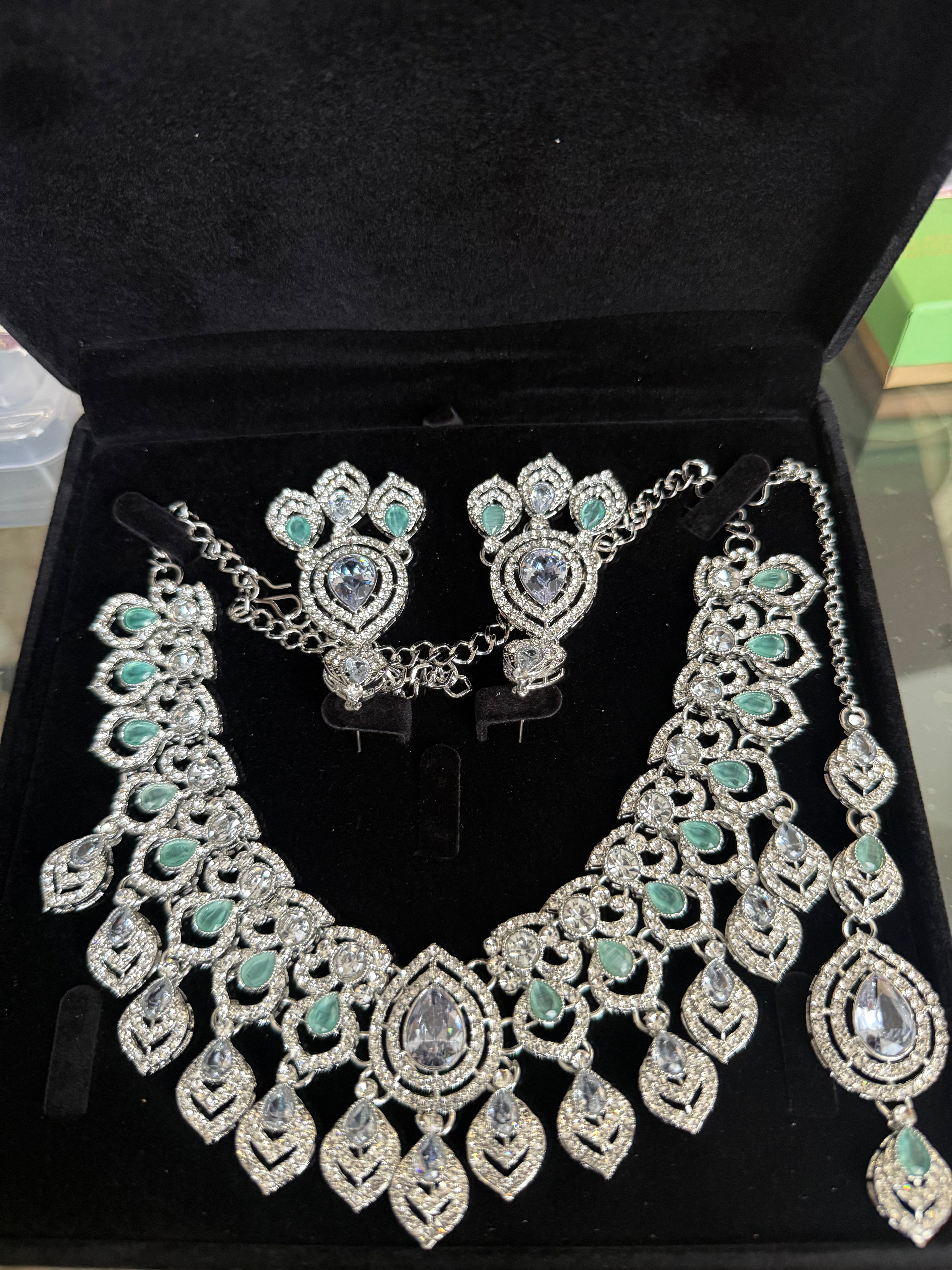 Silver Tone Mint Green Bridal Jewelry Set with Clear Crystal Accents – Necklace, Earrings & Maang Tikka | Indian Pakistani Afghan Wedding Jewelry | Gift Box Included 6027