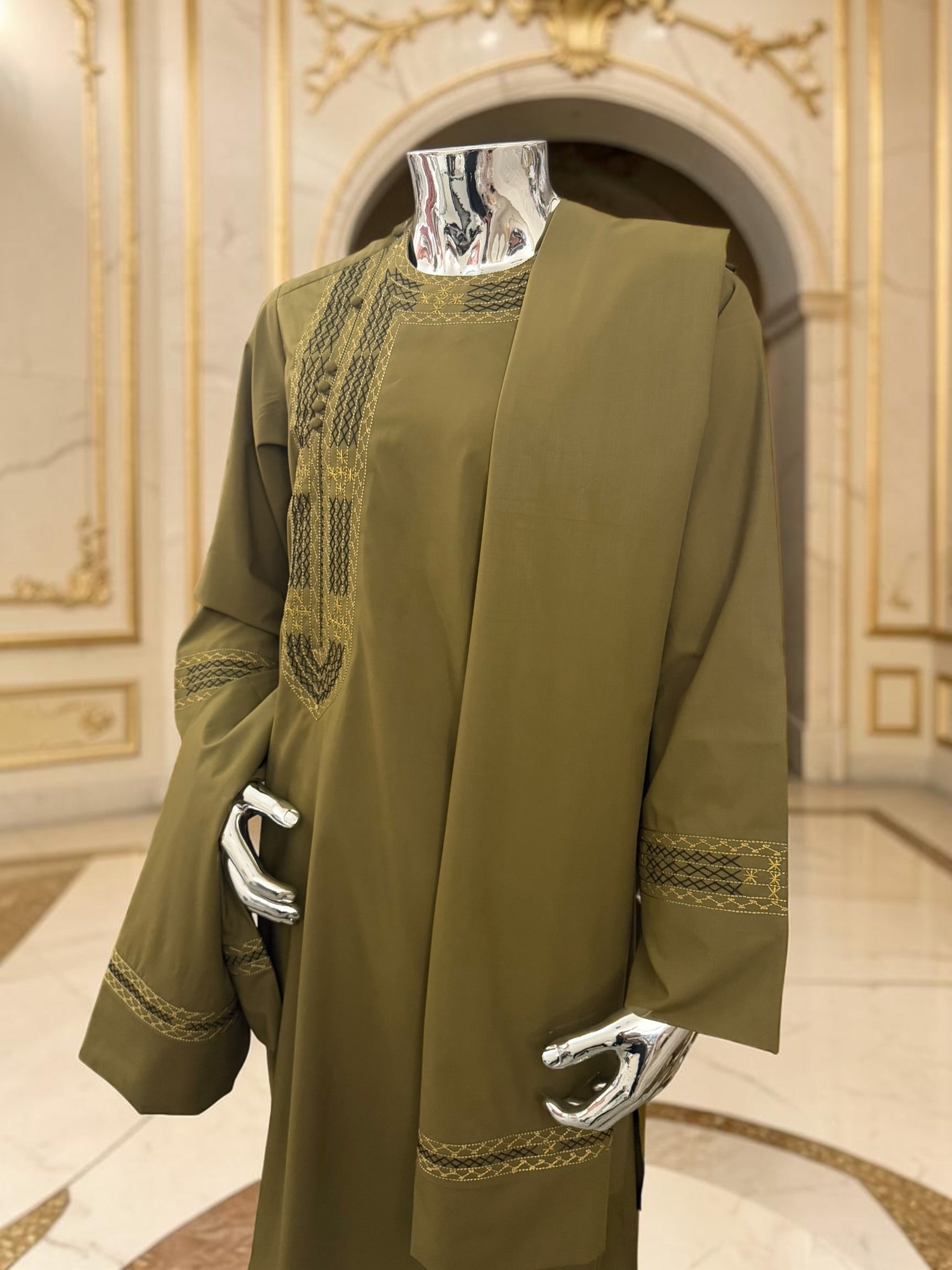 Men’s Olive Green Hand-Embroidered Afghan Parahan Tunban with Shawl – 3-Piece Set 5033