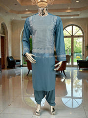 Medium Turquoise Blue Afghan Kameez with White Khamakdozi Embroidery