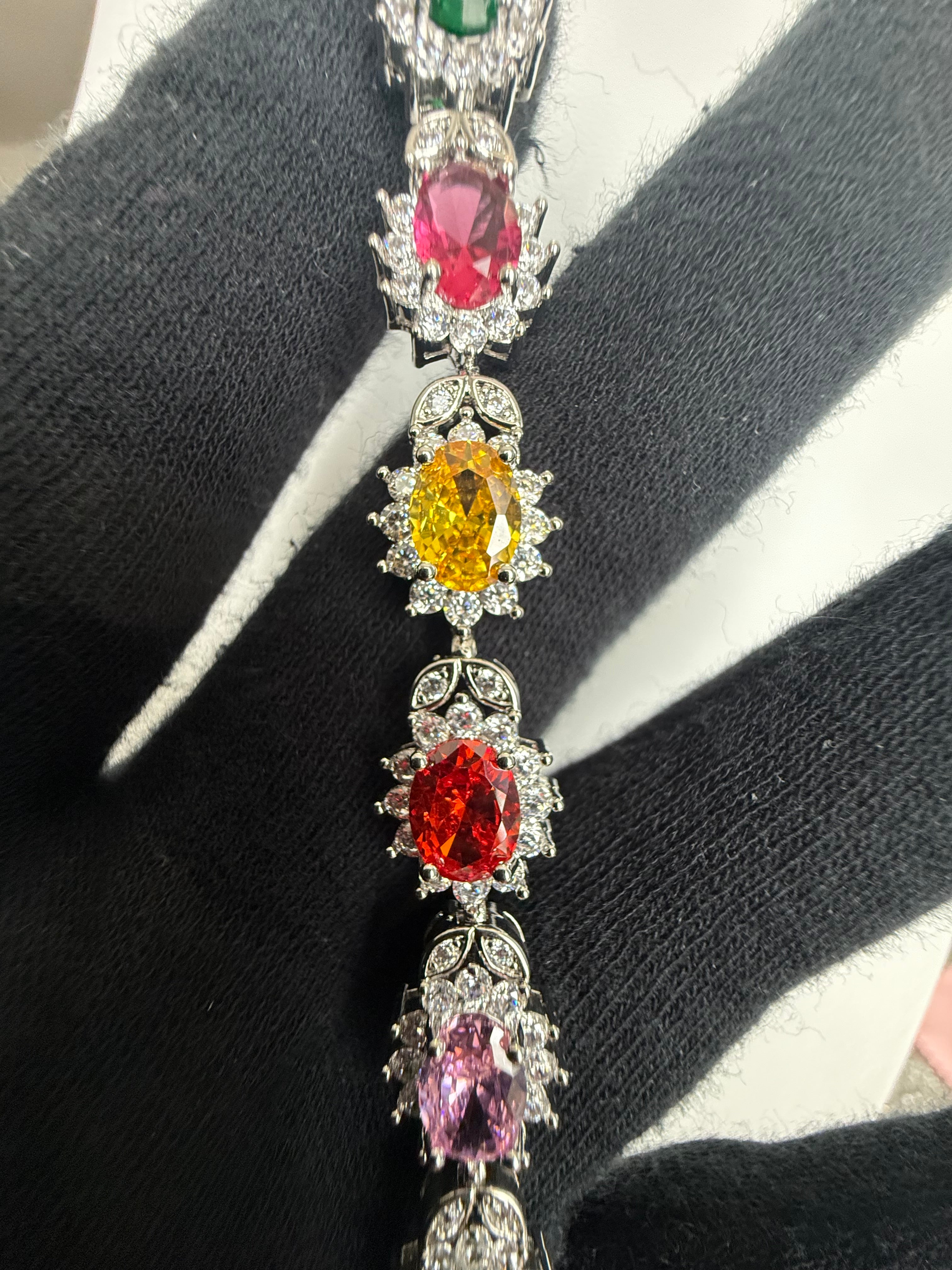 Multicolor Oval-Cut Crystal Halo Link Bracelet – Silver Tone Statement Jewelry 7140