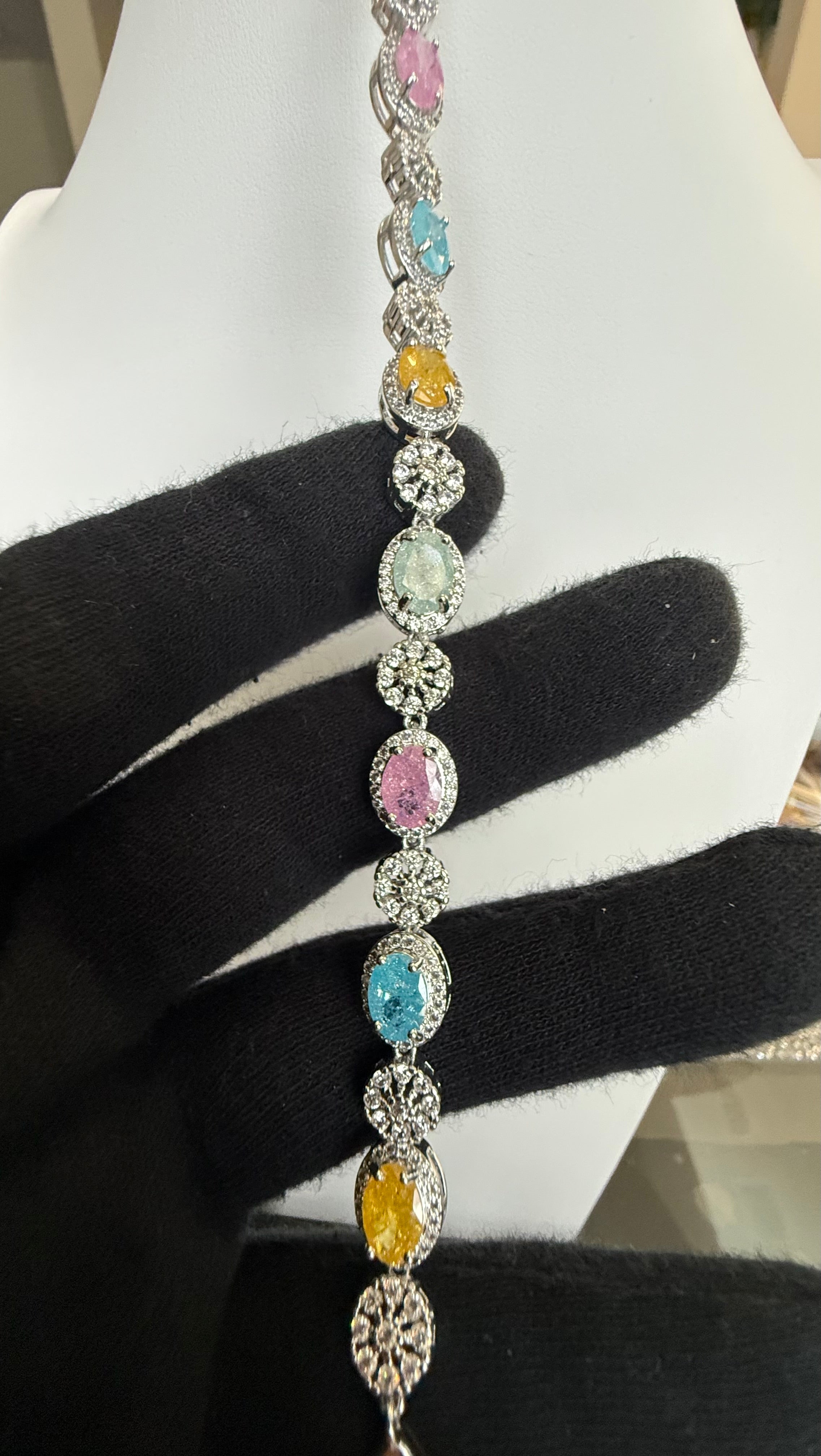 Multicolor Oval Crystal Halo Tennis Bracelet – Silver Tone Sparkling Statement Jewelry 7113