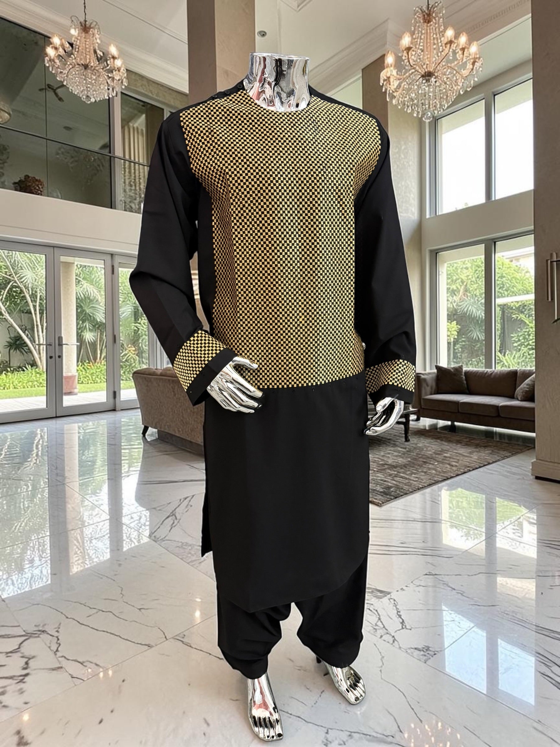 X-Large Afghan Parahan Tunban Kameese Shalwar Black Gold Machine Embroidery