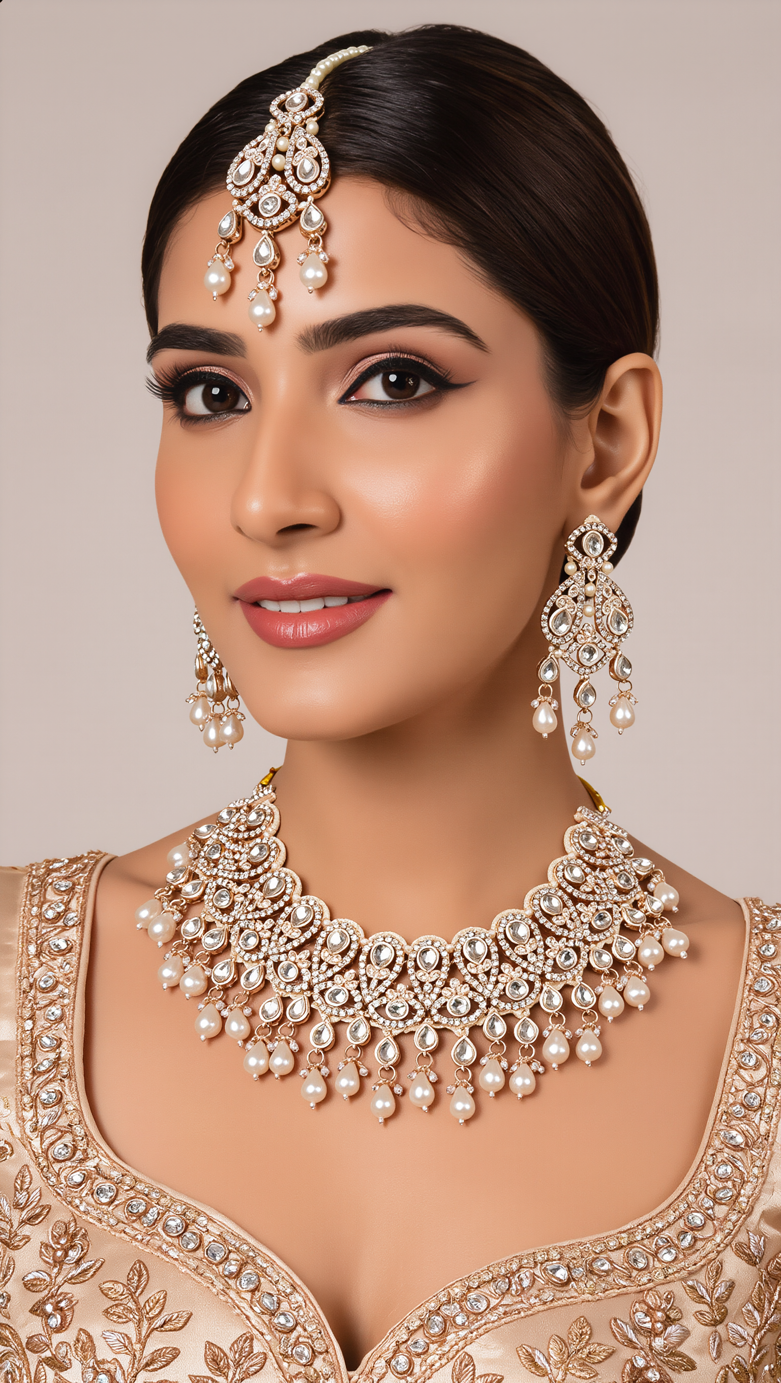 Champagne Pearl Kundan Bridal Jewelry Set with Earrings & Maang Tikka | Rose Gold Indian Pakistani Afghan Wedding Necklace | Jewelry Gift Box Included 6048