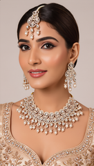 Champagne Pearl Kundan Bridal Jewelry Set with Earrings & Maang Tikka | Rose Gold Indian Pakistani Afghan Wedding Necklace | Jewelry Gift Box Included 6048