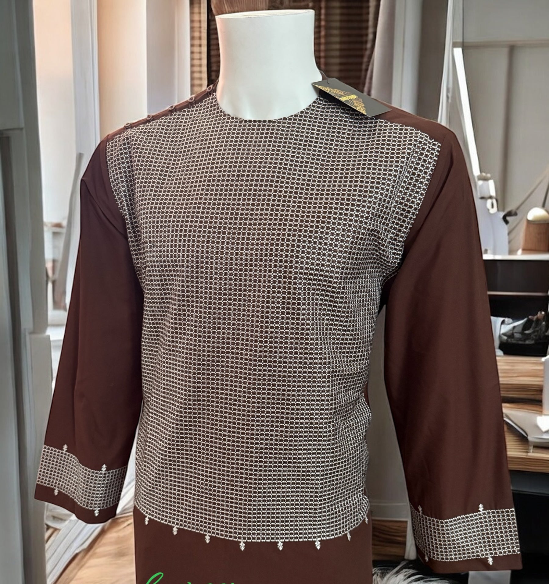 Men’s Brown Parahan Tumban with White Embroidery – Afghan Traditional Outfit (Small)