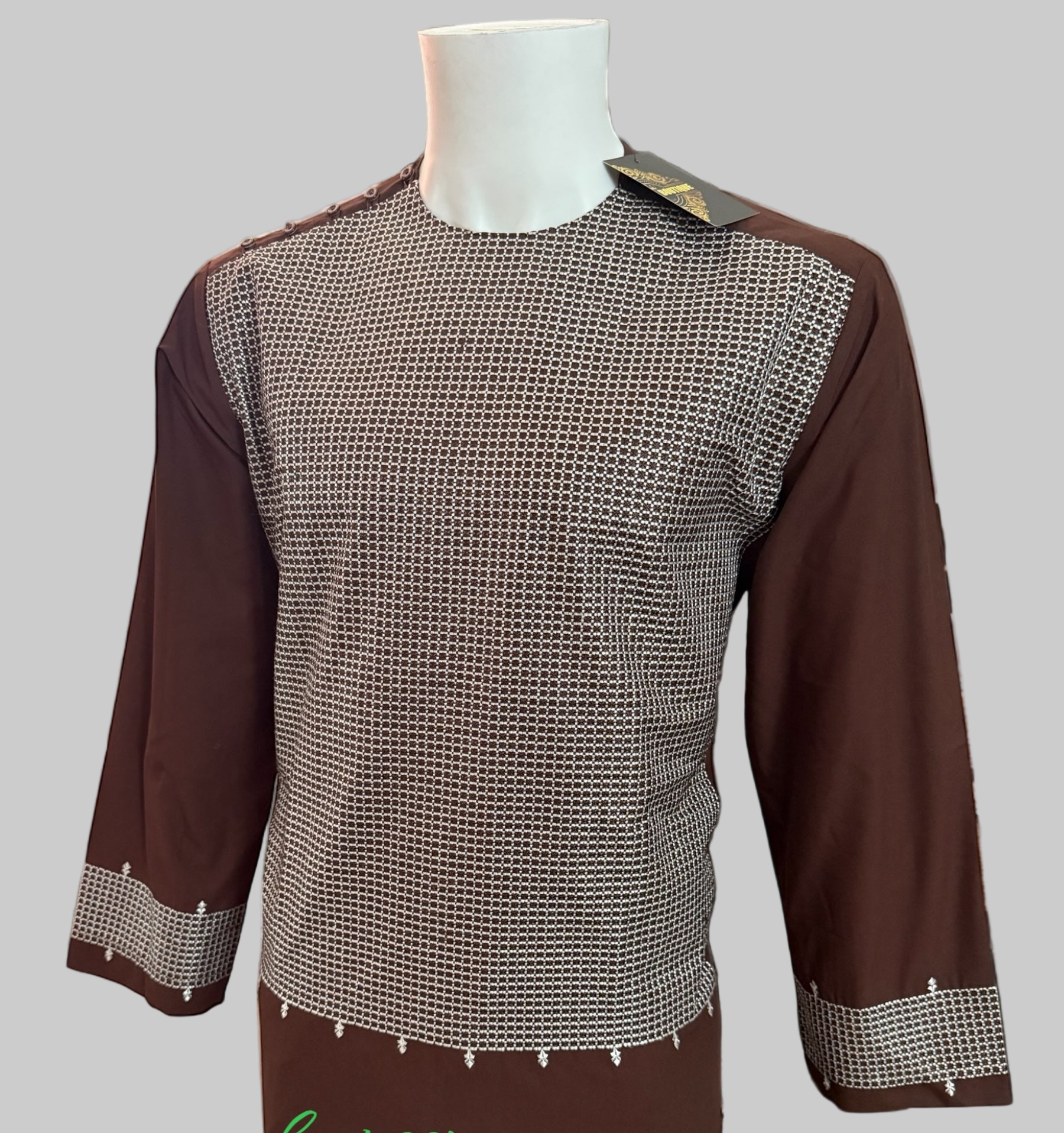 Men’s Brown Parahan Tumban with White Embroidery – Afghan Traditional Outfit (Small)