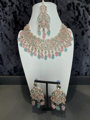 Pastel Pink & Aqua Kundan Bridal Jewelry Set with Earrings and Maang Tikka | Rose Gold Indian Pakistani Afghan Wedding Necklace | Gift Box Included 6051