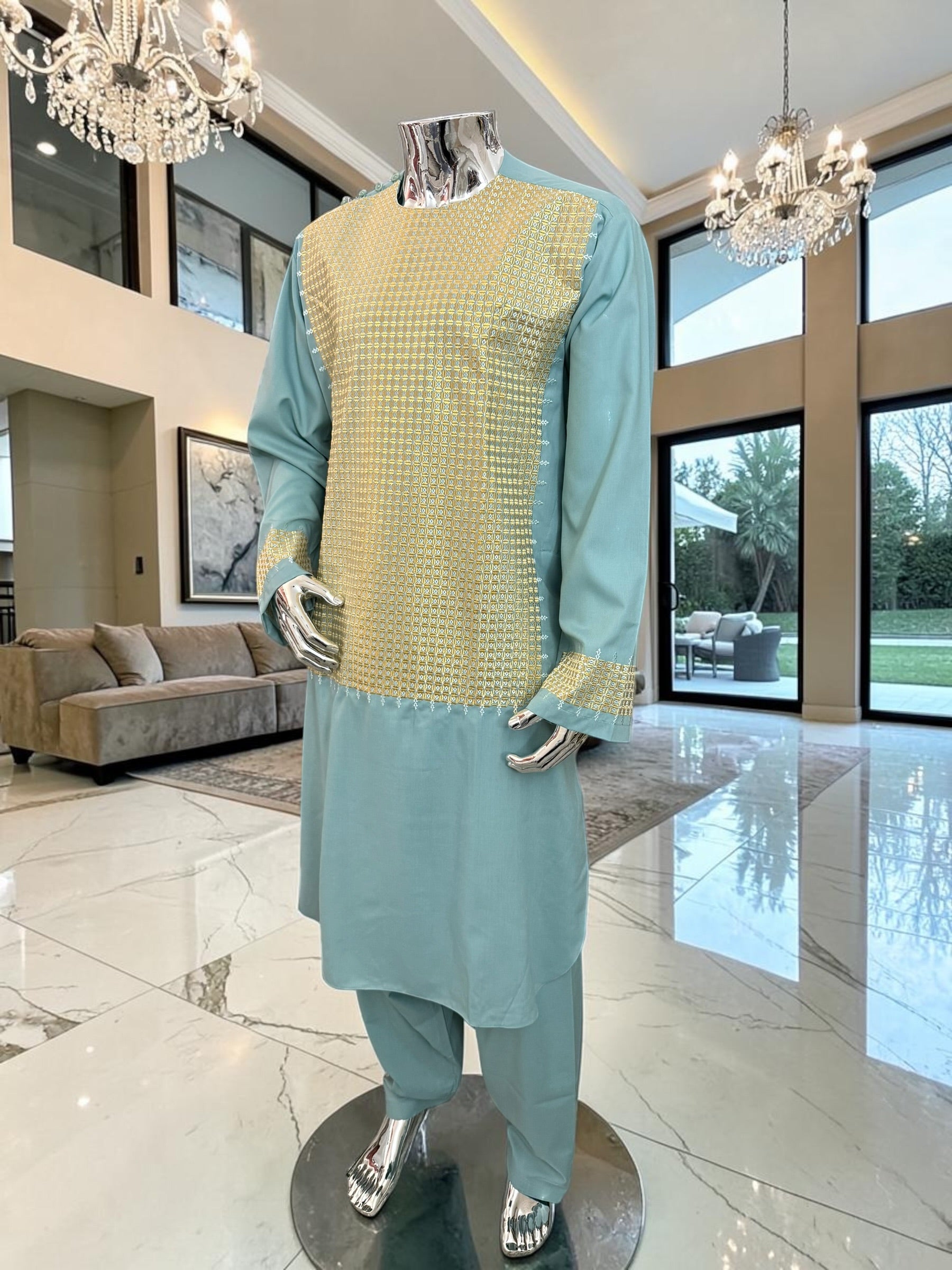 X-Large Turquoise Afghan Parahan Tunban for Men with Machine Embroidery