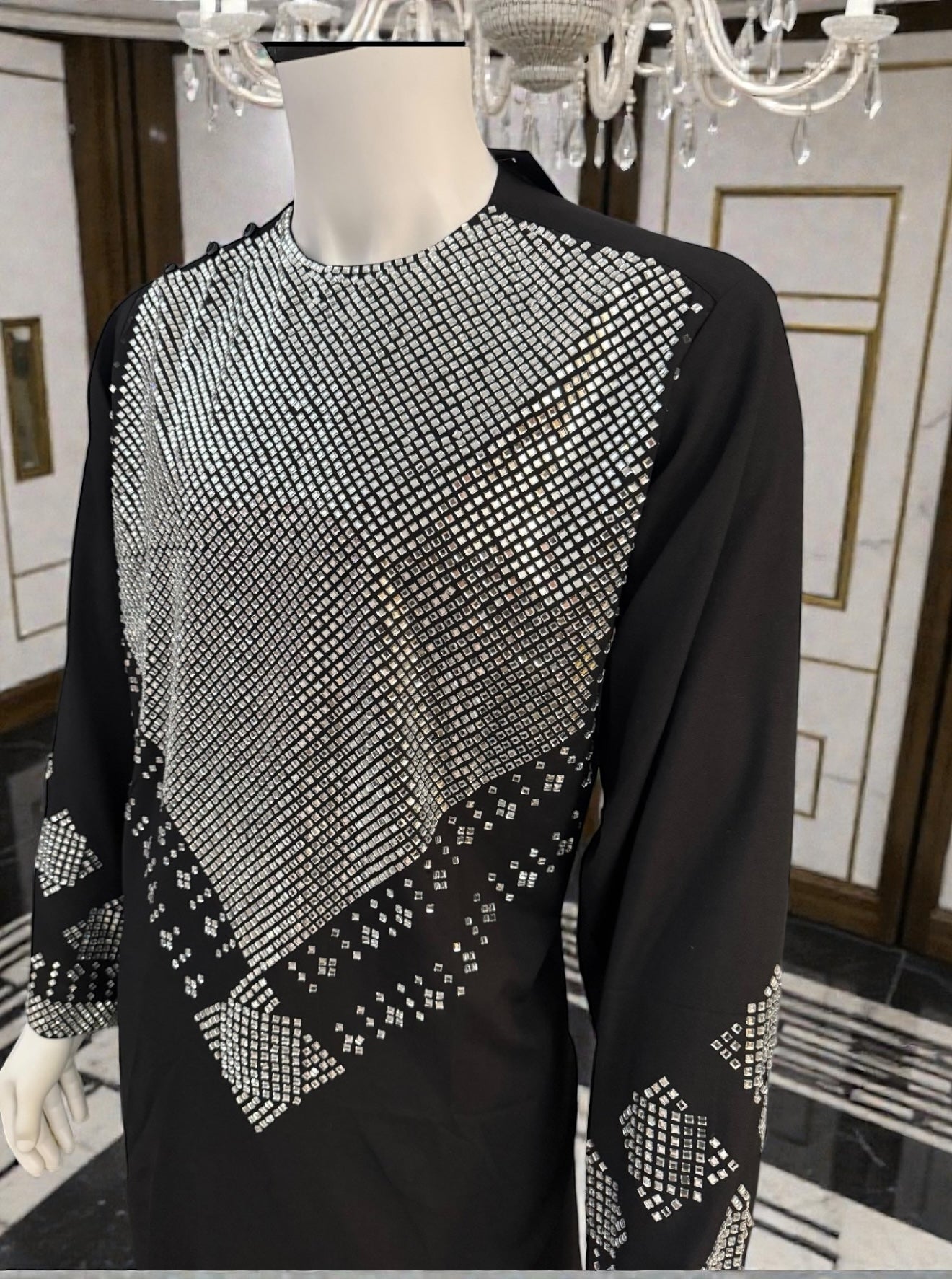 Large Black Afghan Parahan Tumban with Silver Shesha Mirror Embroidery – Men’s Traditional Wear