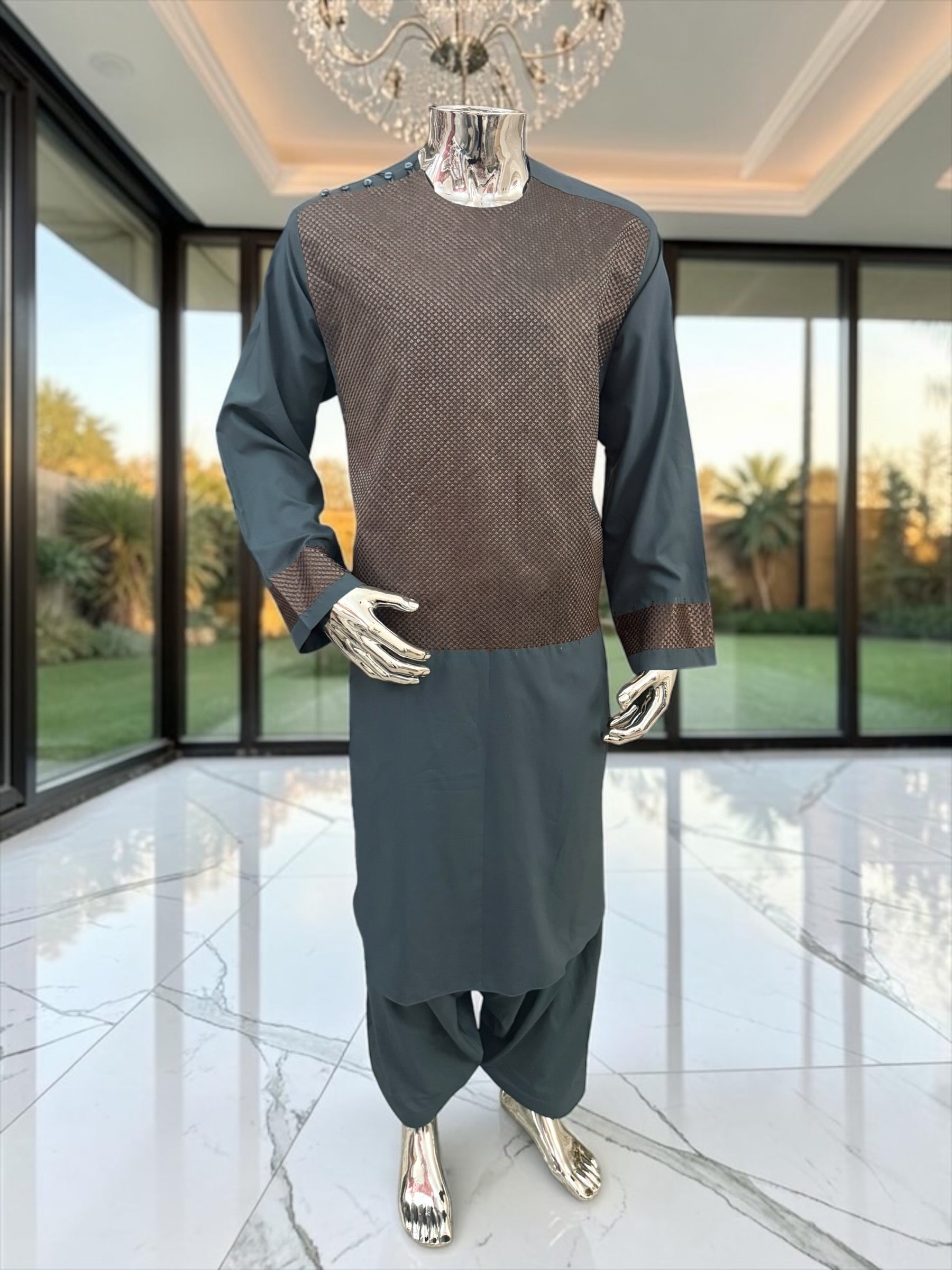 X-Large Men’s Slate Teal & Bronze Embroidered 3-Piece Parahan Tunban with Matching Tunban & Shawl | Afghan Traditional Outfit 7222