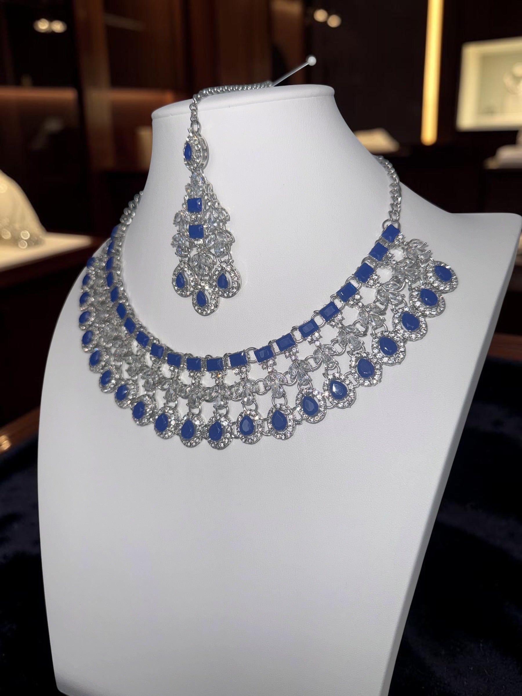Luxury Sapphire Blue American Diamond Bridal Jewelry Set with Maang Tikka | Premium Brass Statement Collar Necklace, Earrings & Gift Box Included 6036