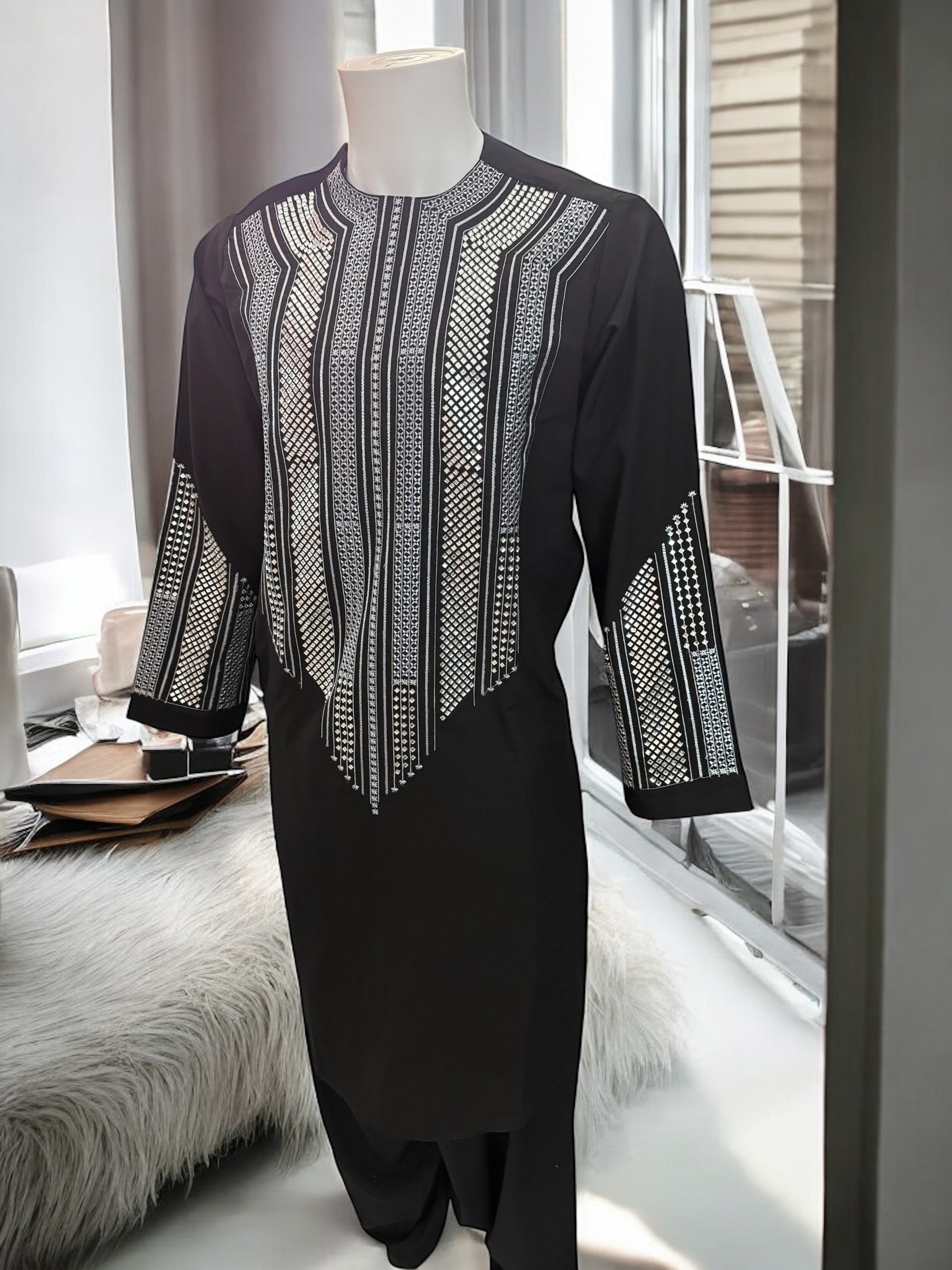 Afghan Parahan Tunban Kameese Shalwar Black Silver Shesha Embroidered Small