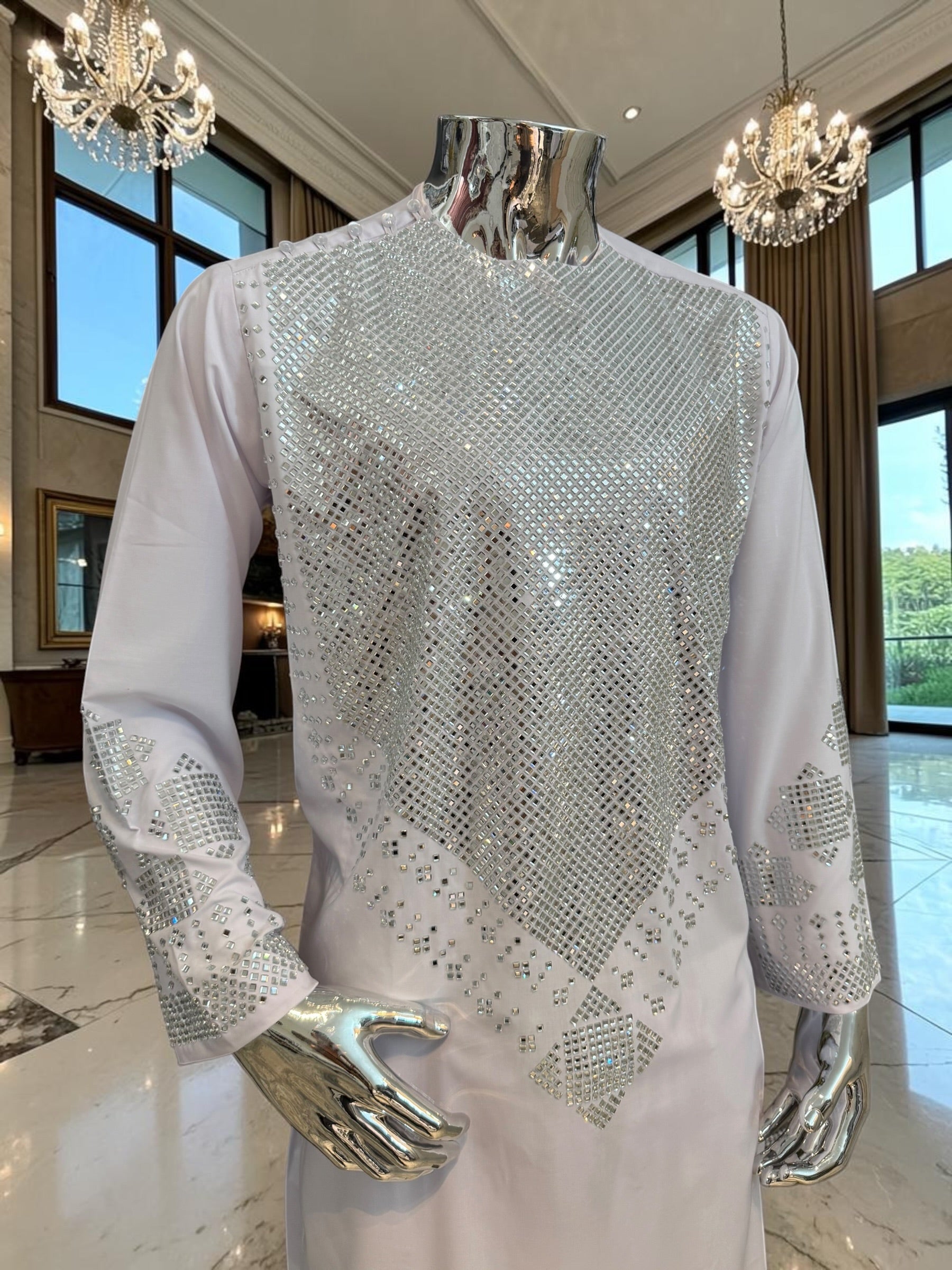 Medium White Cotton-Poly Shesha Mirror Work 2-Piece Afghan Outfit – Traditional Men’s Wear
