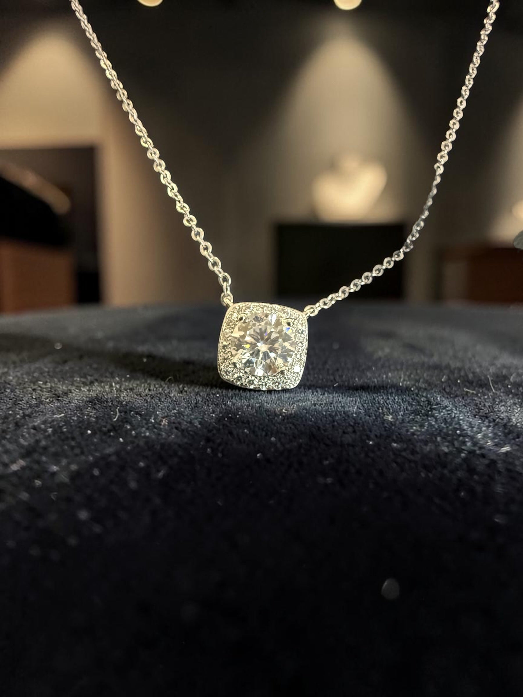 Cushion Halo Moissanite Necklace for Women – Round Moissanite Pendant, GRA Certified, High-Quality Brass, Gift Box Included 7058
