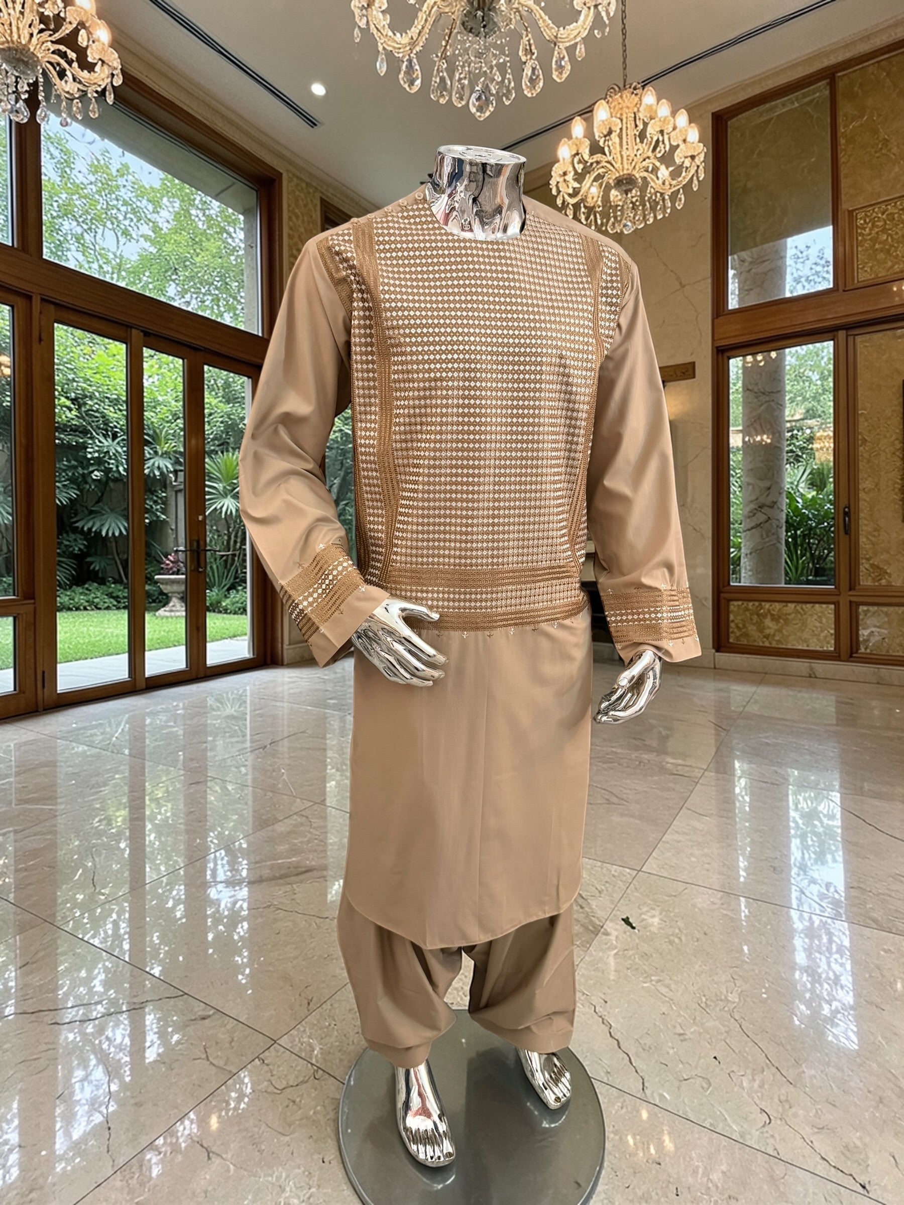 XL Beige Embroidered Afghan Parahan Tumban – Cotton-Blend Traditional Men’s Outfit | Luqmaan Boutique