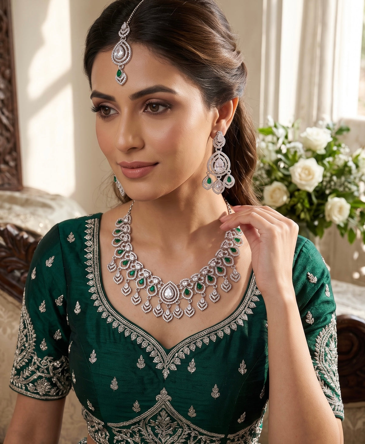 American Diamond Necklace, Earrings & Maang Tikka Jewelry Set – 7 Colors