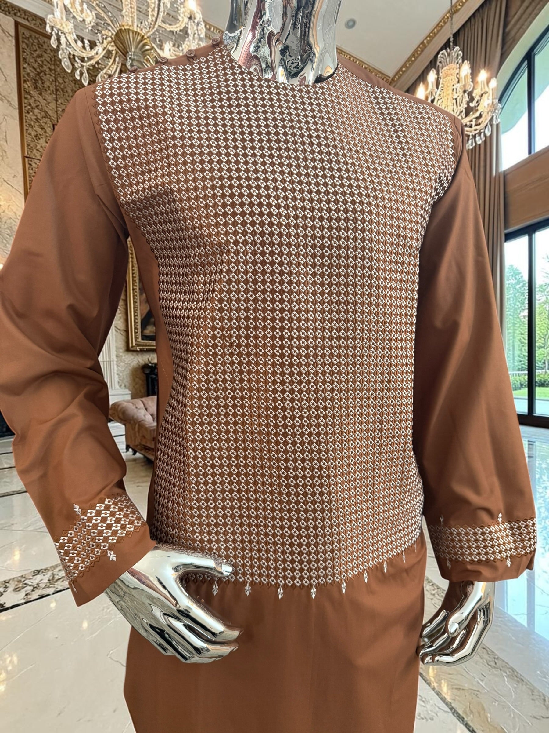 Medium Afghan Parahan Tunban Kameese Shalwar Brown Machine Embroidery