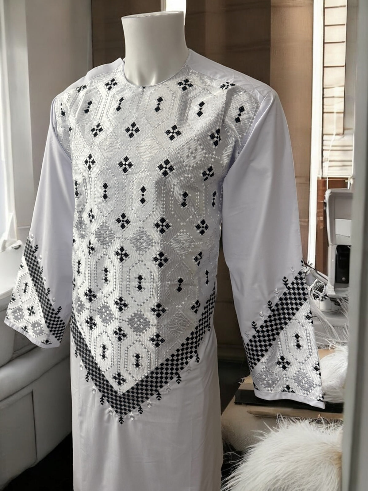 Men’s White Parahan Tumban with Black Embroidery Large