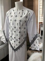 Men’s White Parahan Tumban with Black Embroidery Large