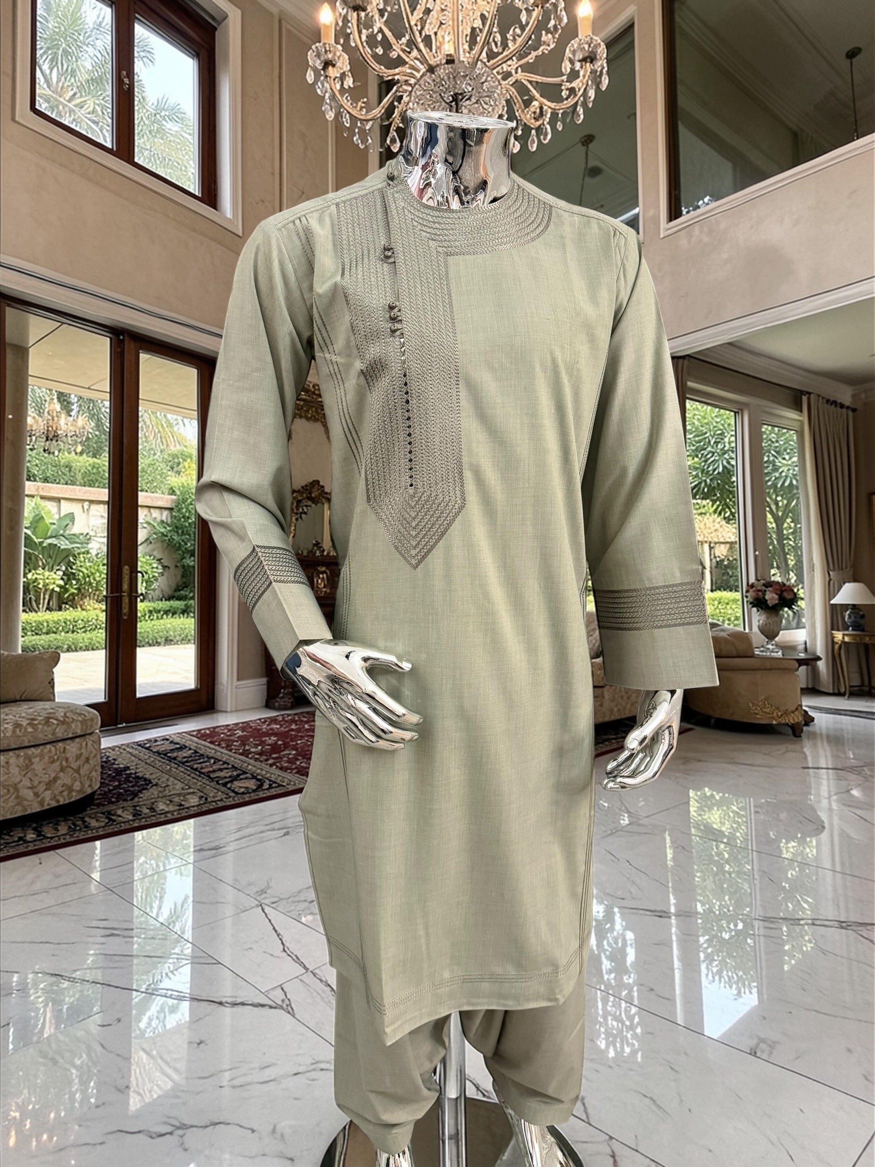 Afghan Parahan Tunban with Machine Embroidery – Olive Sage – XS