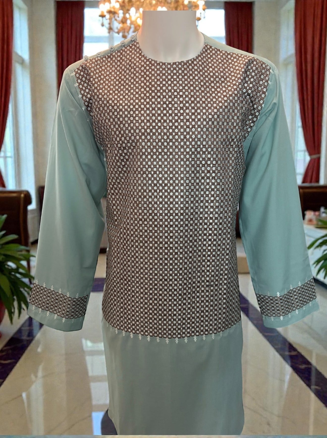X-Large Afghan Parahan Tunban for Men – Machine Embroidered, Aqua Green
