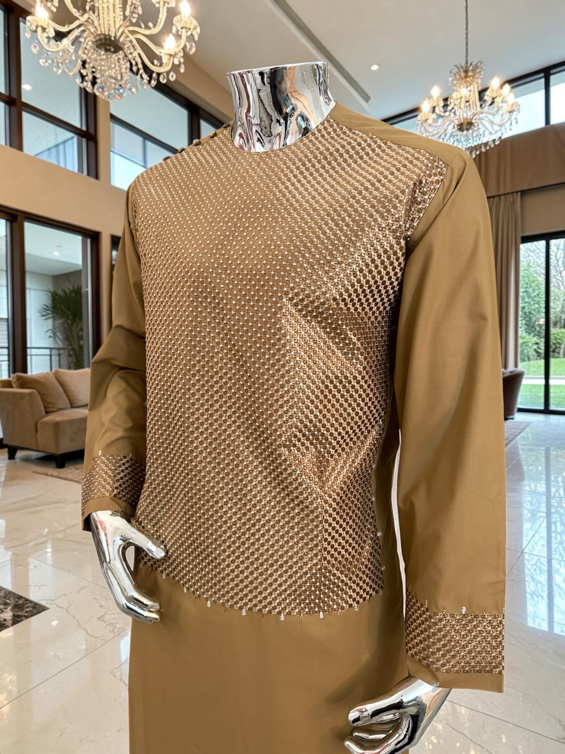 Large Honey Brown Afghan Parahan Tumban with Matching Khamak-Style Machine Embroidery – Men’s Traditional Wear