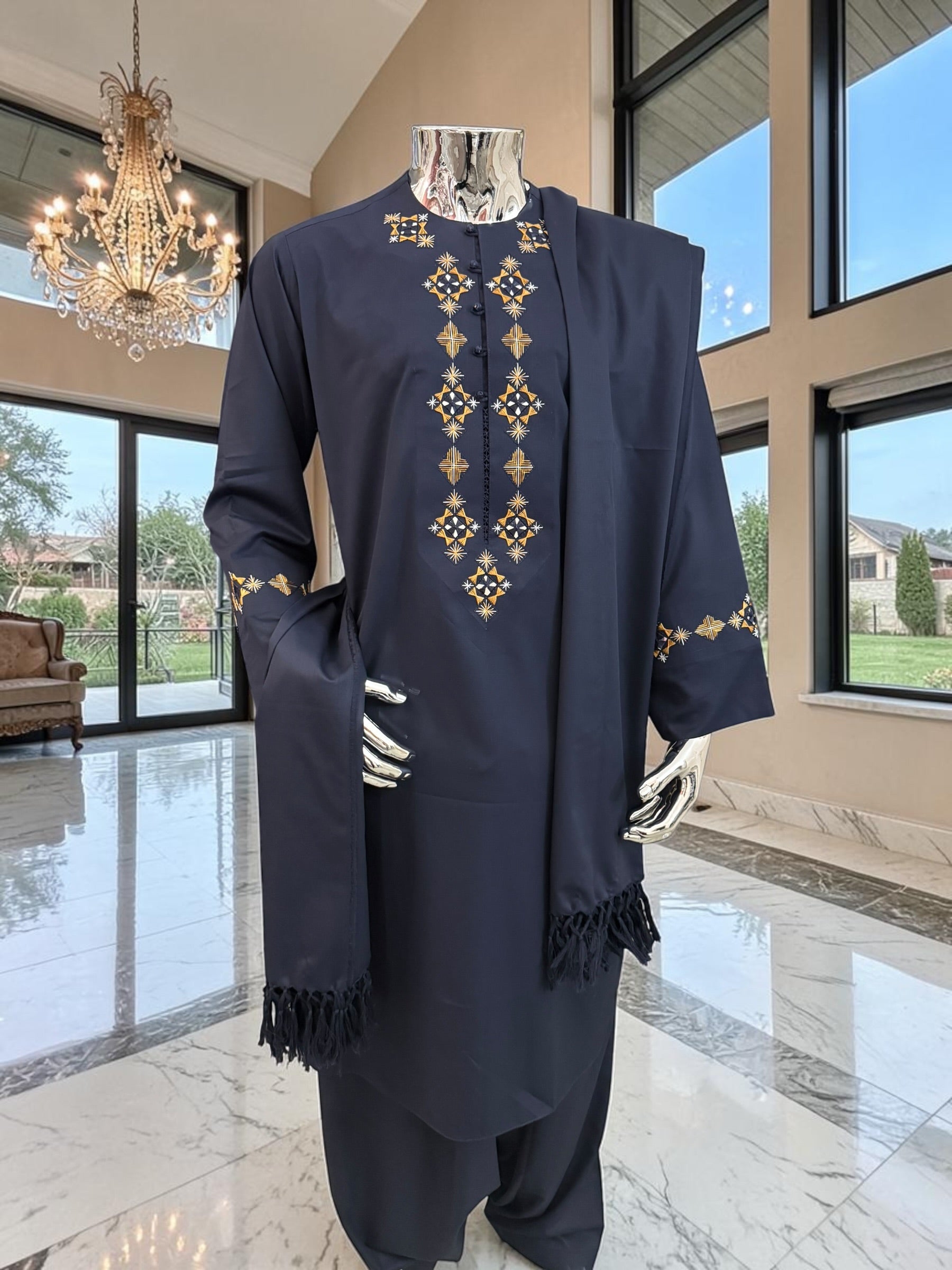 Large Men’s Navy Afghan Parahan Tunban Set with Premium Hand Embroidery with Mirror work & Matching Chadder/patto