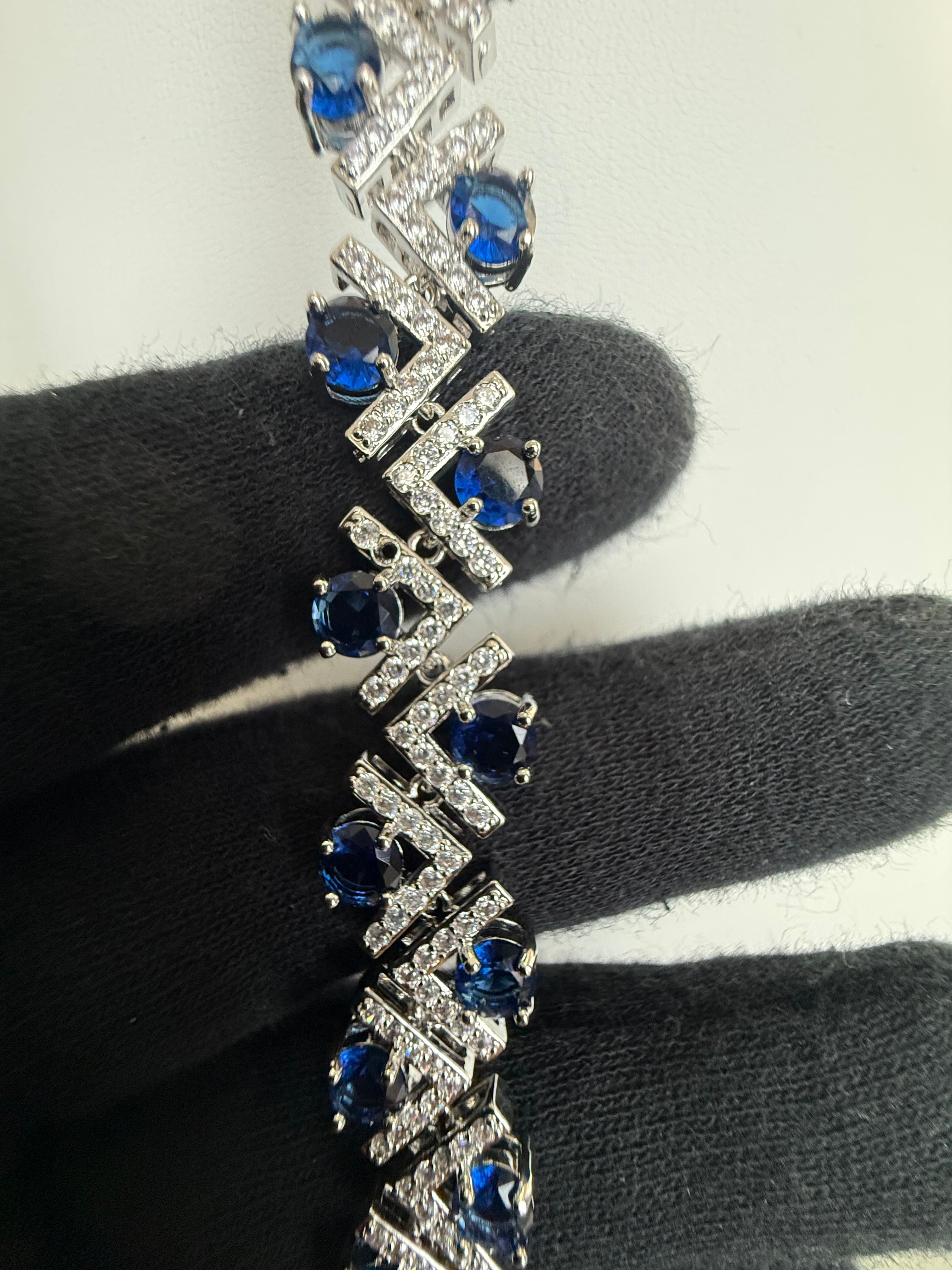 Royal Blue Crystal Geometric Chevron Bracelet – Silver Tone Statement Jewelry 7100