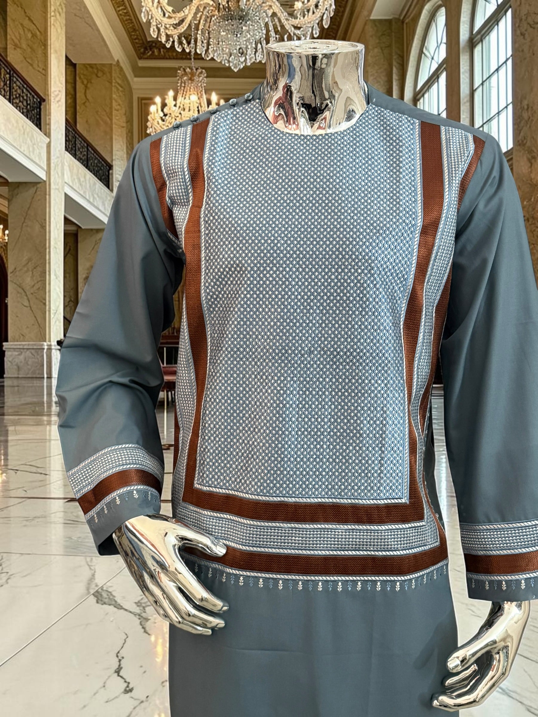 Medium Steel Blue Parahan Tunban with White & Brown Embroidery | Premium Afghan Traditional Wear