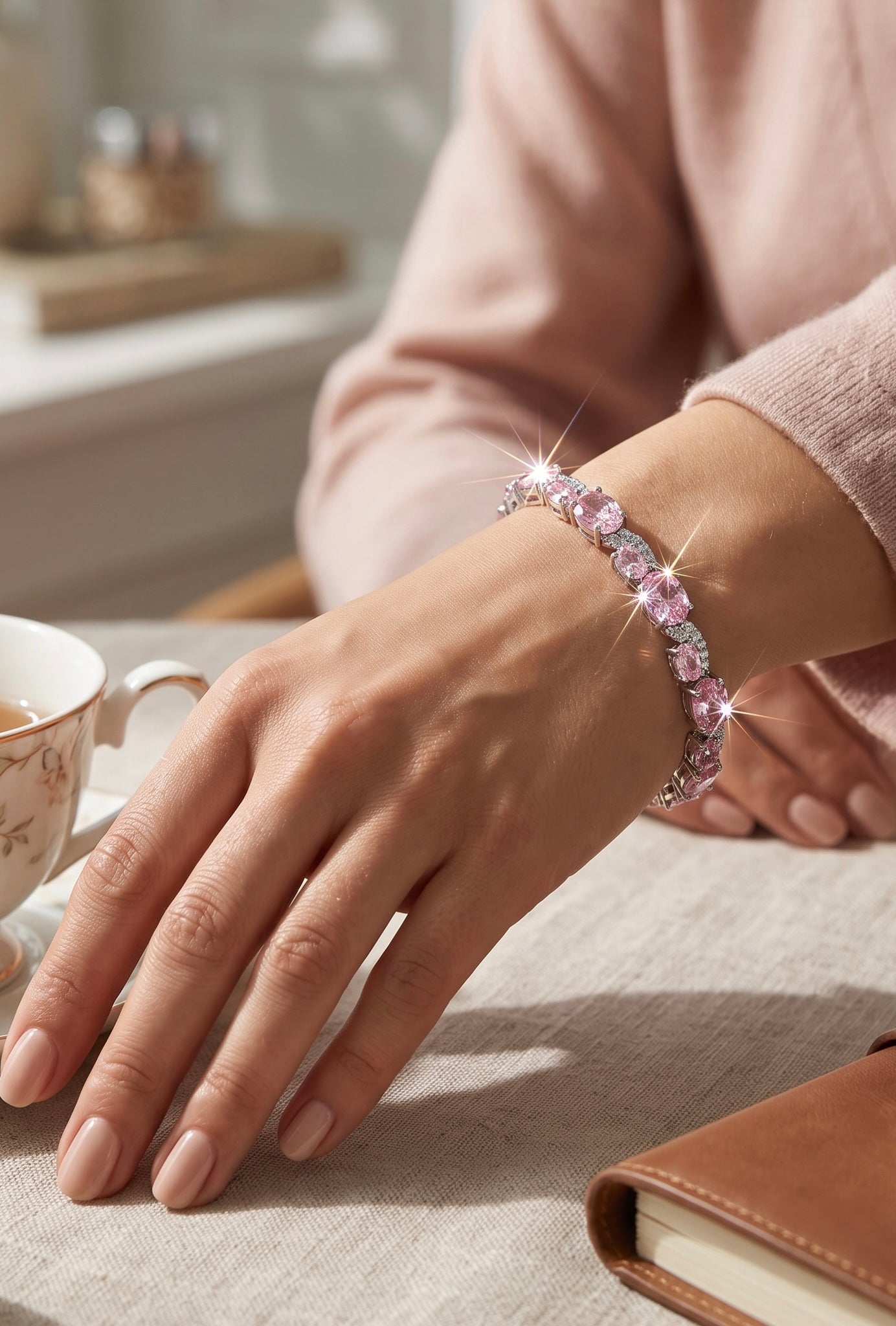 Pink Oval Crystal Swirl Bracelet – Silver Tone Sparkling Statement Jewelry 7085