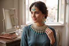 Luxury Silver Tone Kundan Choker Necklace Set with Earrings & Maang Tikka – Turquoise Blue Bridal Jewelry for Indian, Pakistani & Afghan Women 025