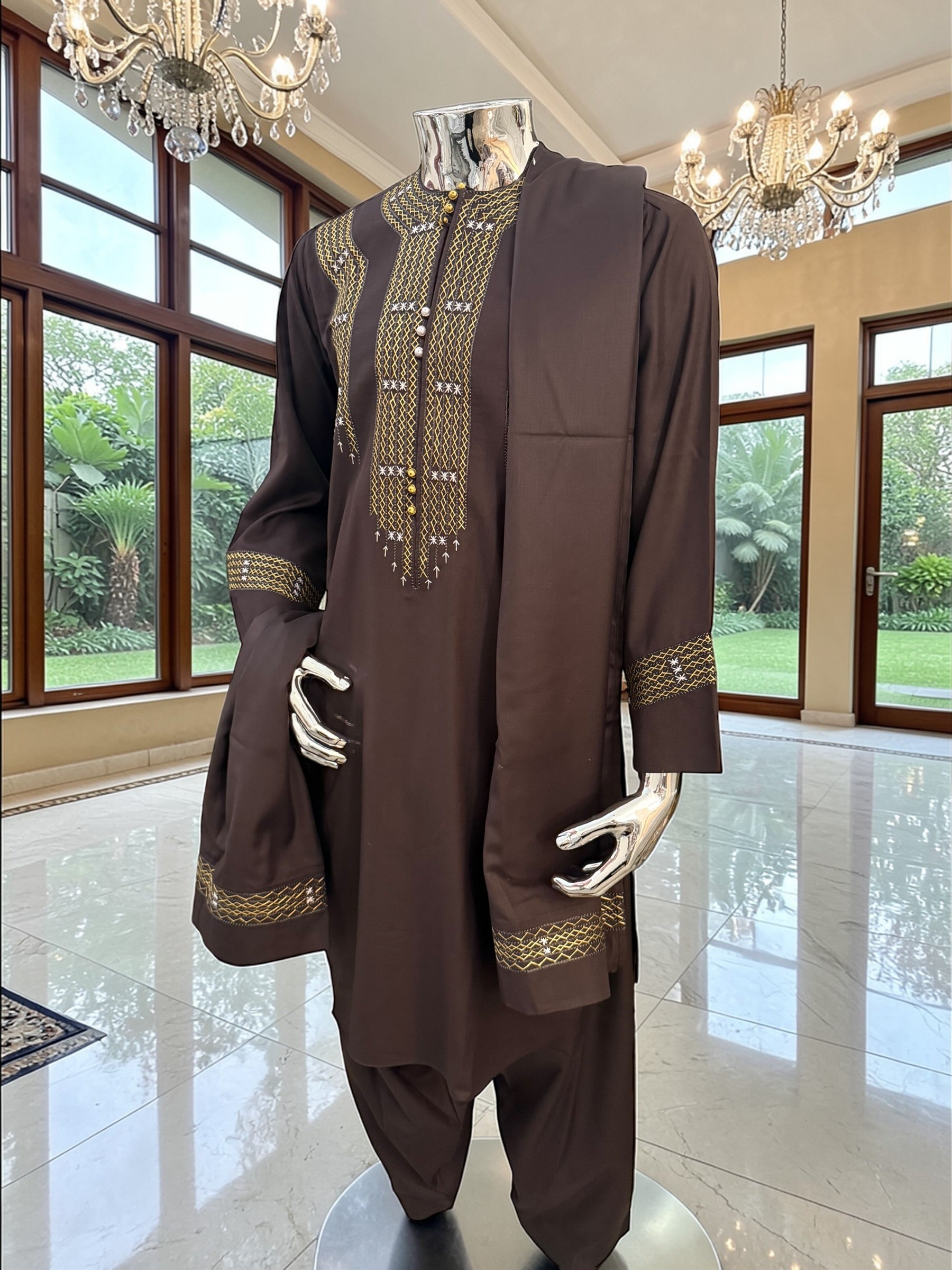 Hand Embroidered Afghan Parahan Tunban – Brown, Small to Extra Small