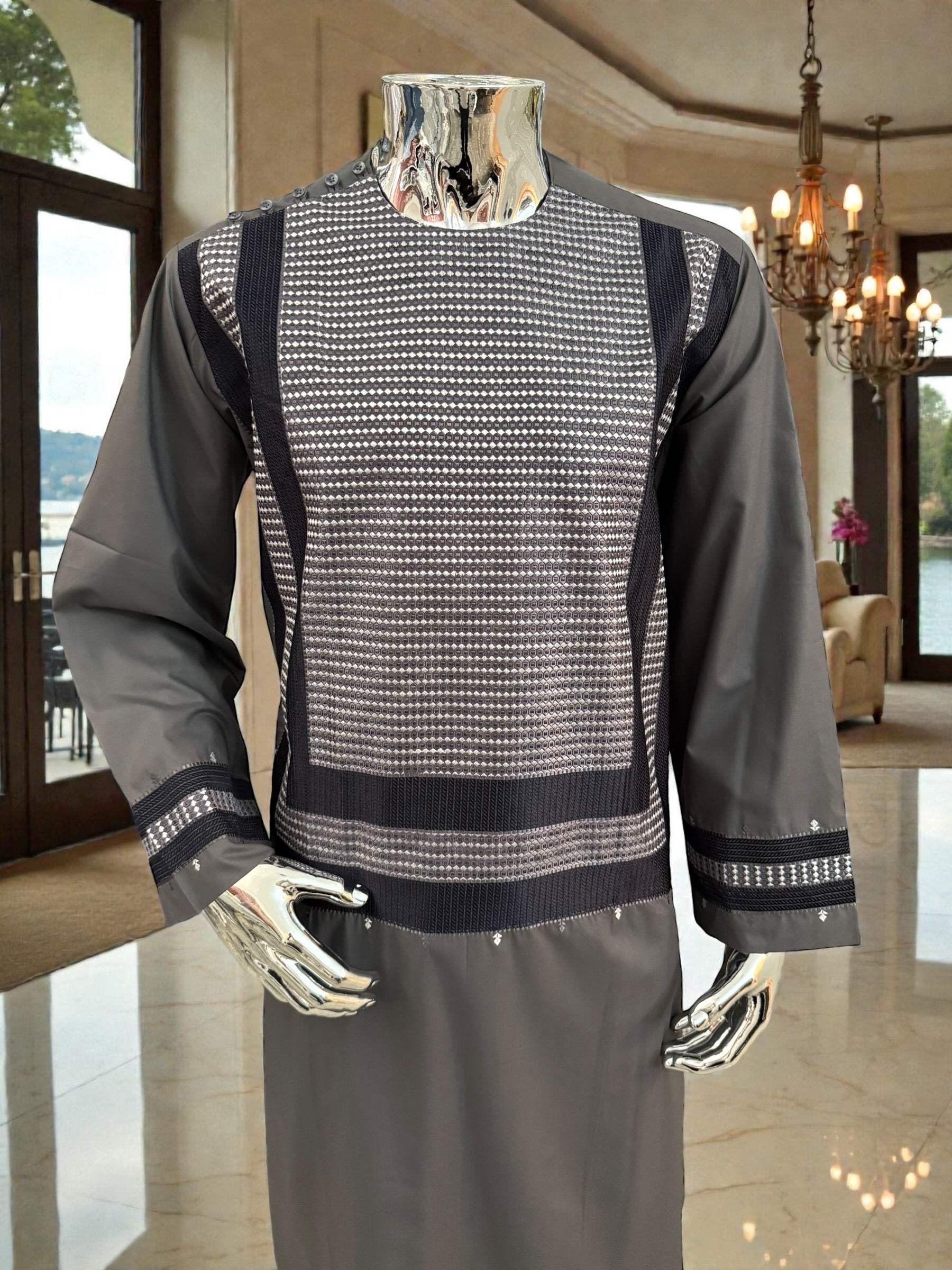 Men’s Taupe Parahan Tunban with Matching Embroidery – Afghan Traditional Outfit (Large)