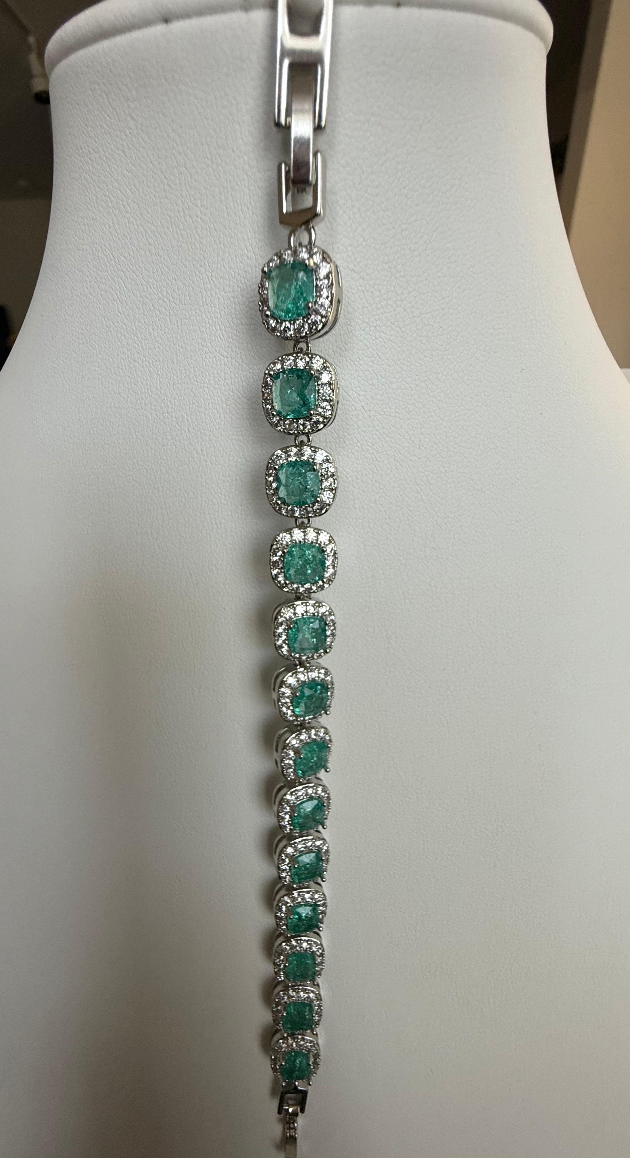 Aqua Green Cushion Cut Halo Crystal Tennis Bracelet – Silver Tone Statement Jewelry 7112