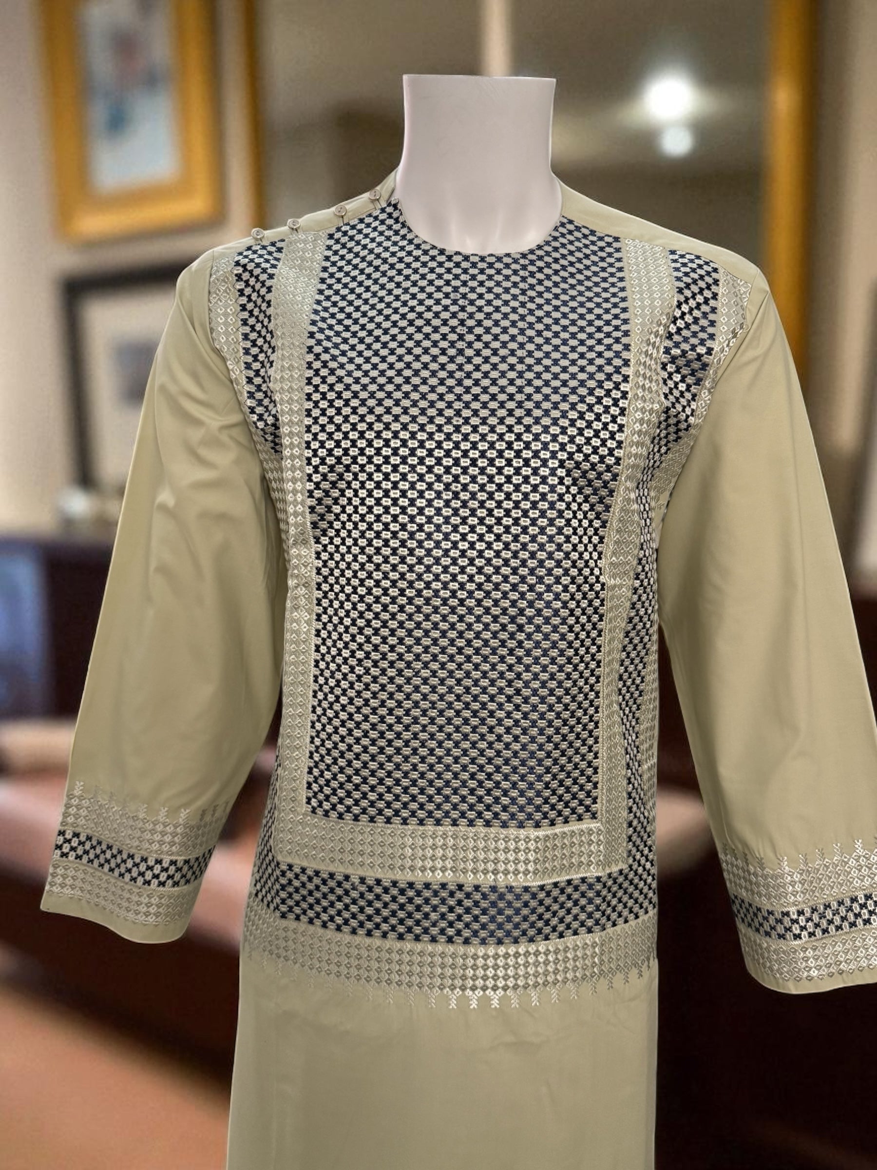 Men’s Beige Kameez with Black and Matching Machine Embroidery – Afghan Traditional Wear | Luqmaan Boutique (Medium)